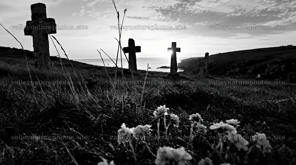 Three Christian crosses in a meadow at sunrise – nature photography 10608x5938