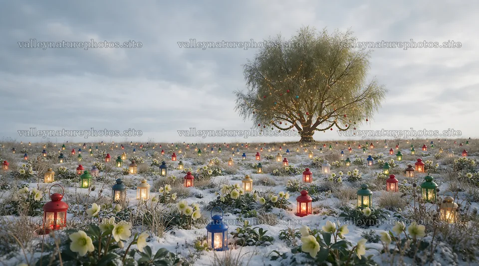 Vibrant Christmas lanterns illuminate winter meadow – nature photography 10648x5916