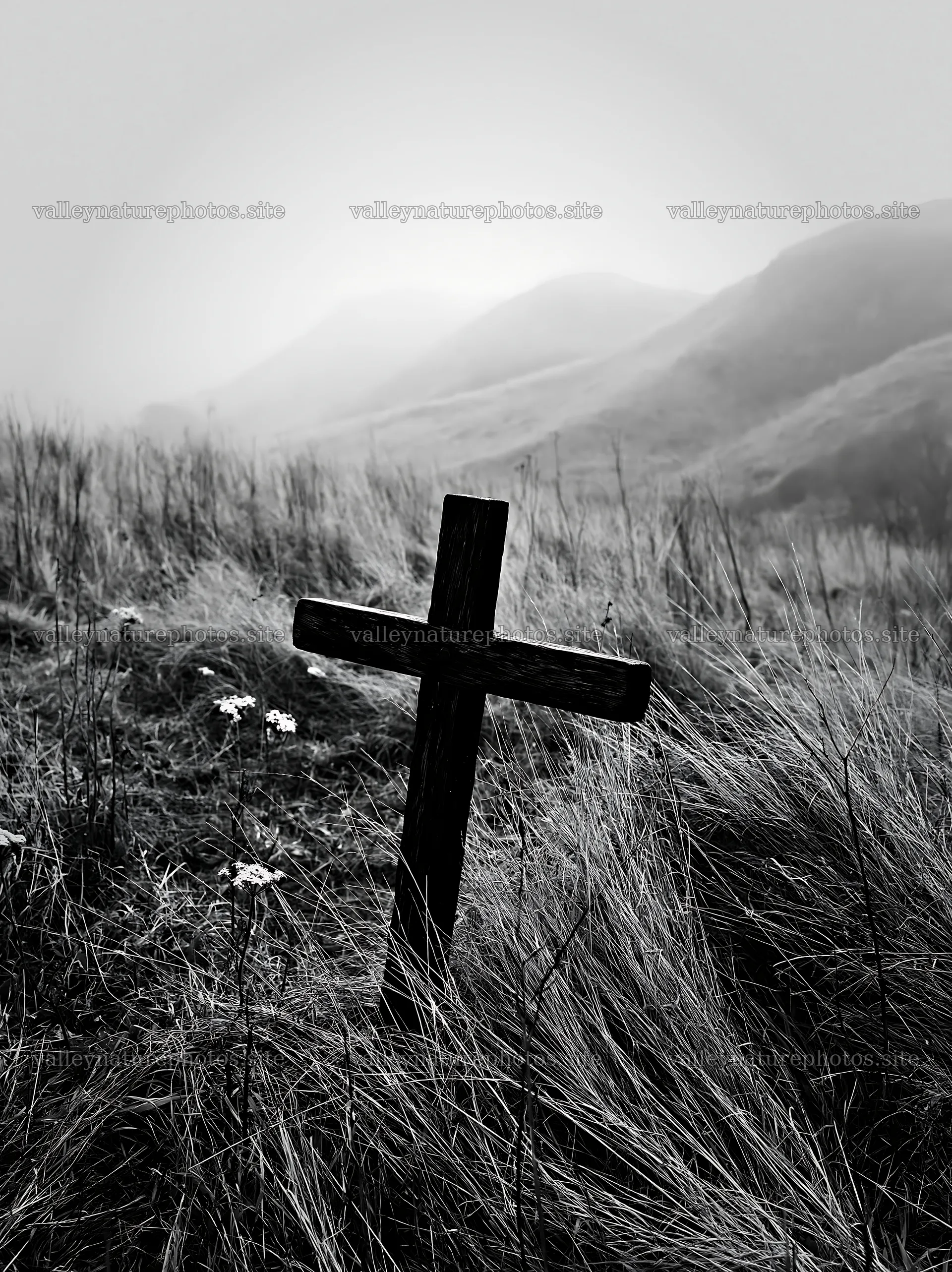 Christian cross in a winter meadow with tall grasses – nature photography 6866x9174