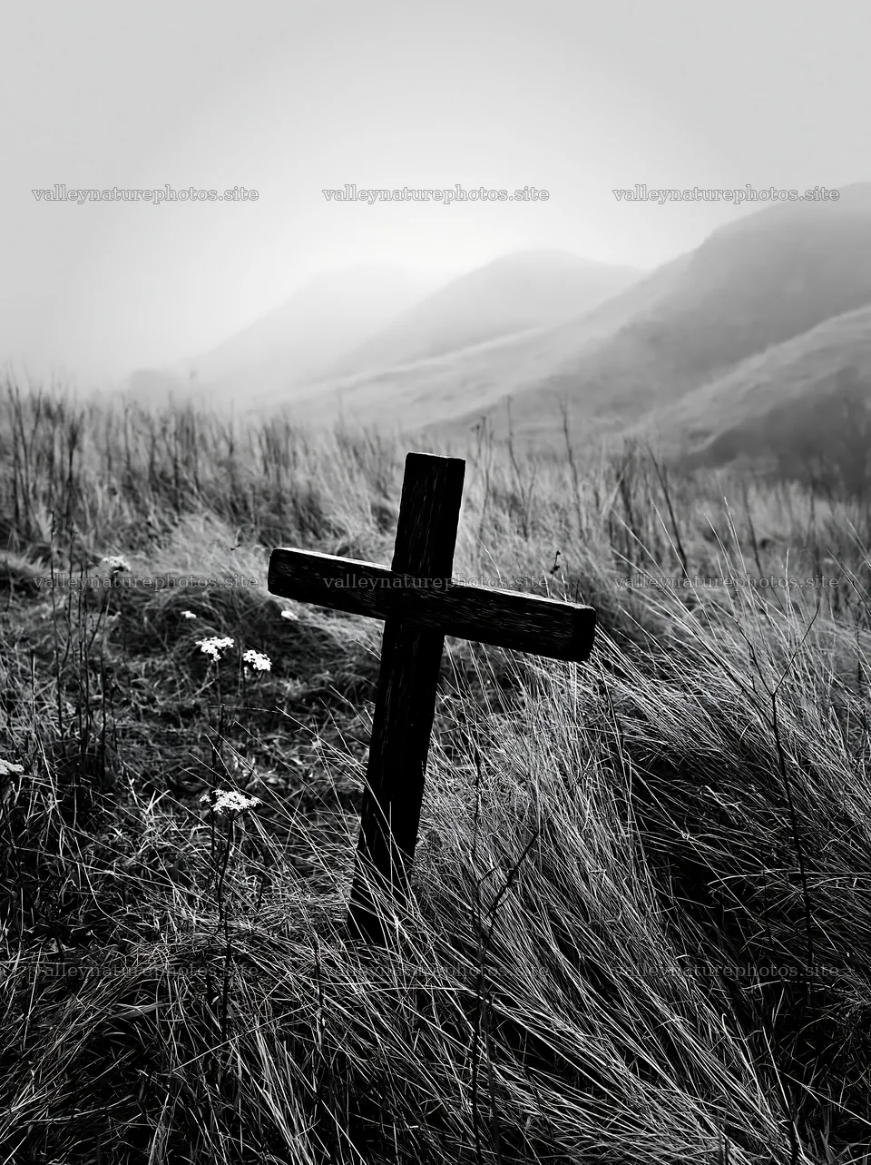 Christian cross in a winter meadow with tall grasses – nature photography 6866x9174