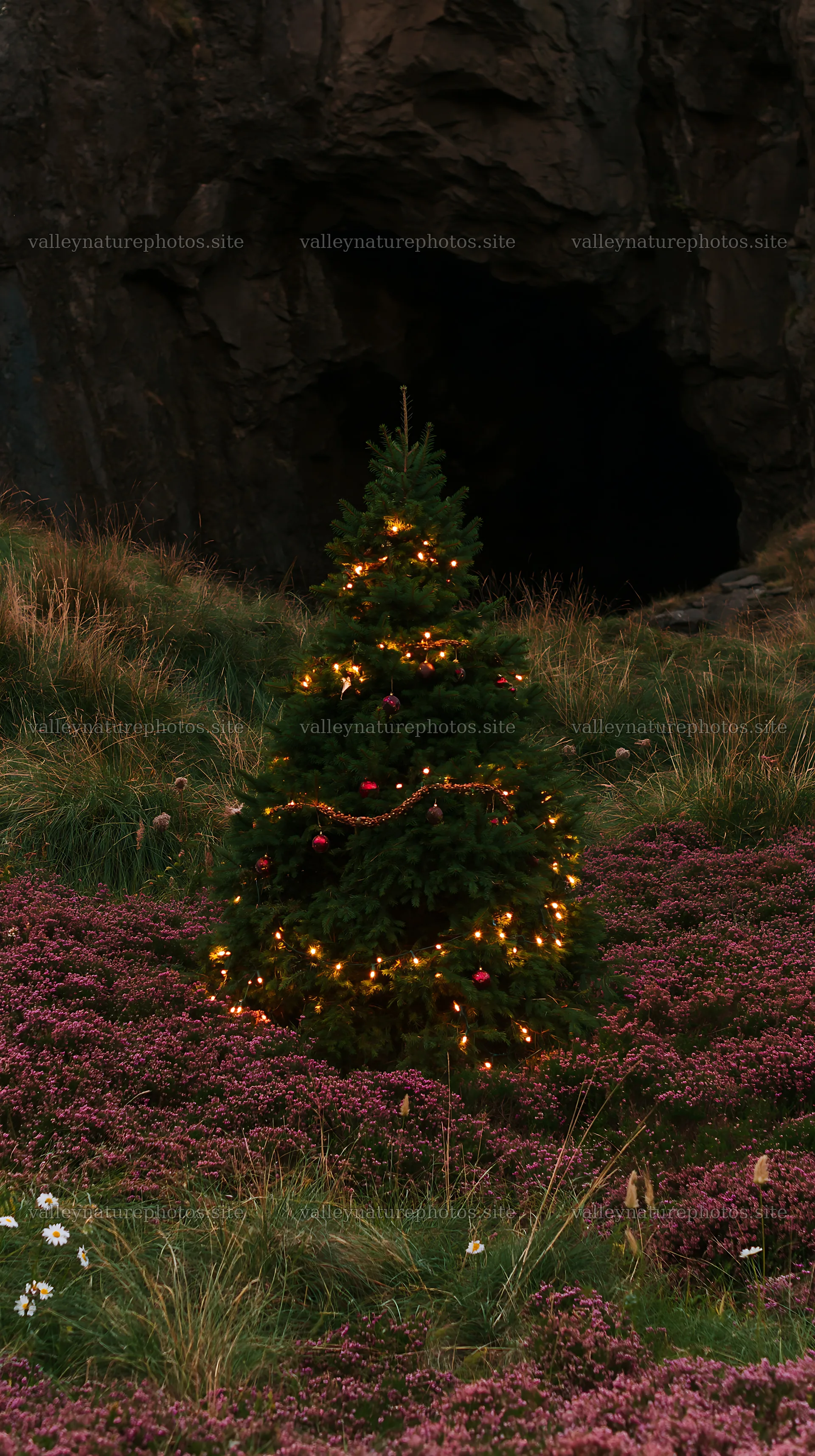 Christmas tree in meadow near cave with lights – nature photography 5938x10608