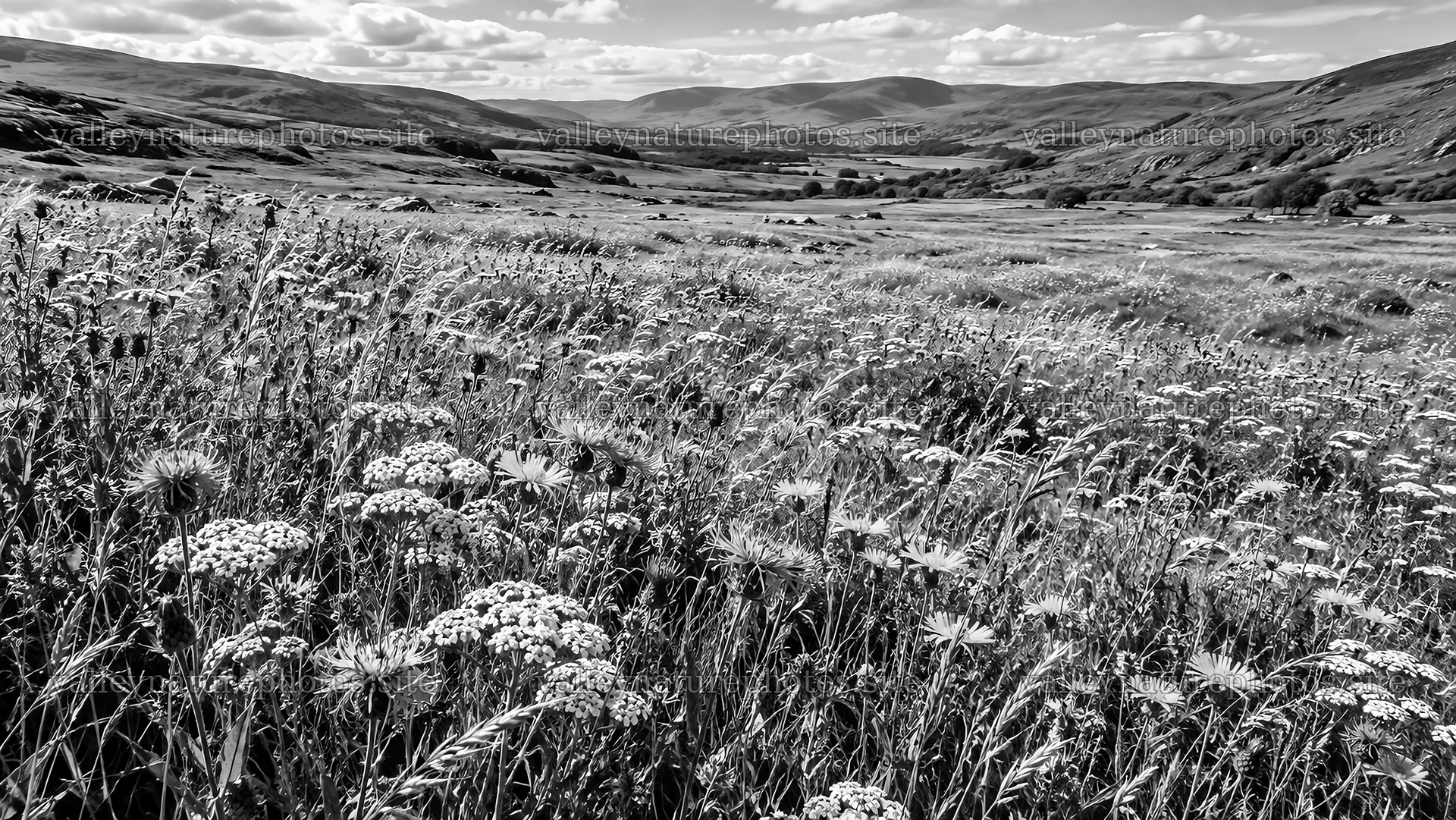 Wildflower Meadow and Rolling Hills in Monochrome – nature photography 10324x5812