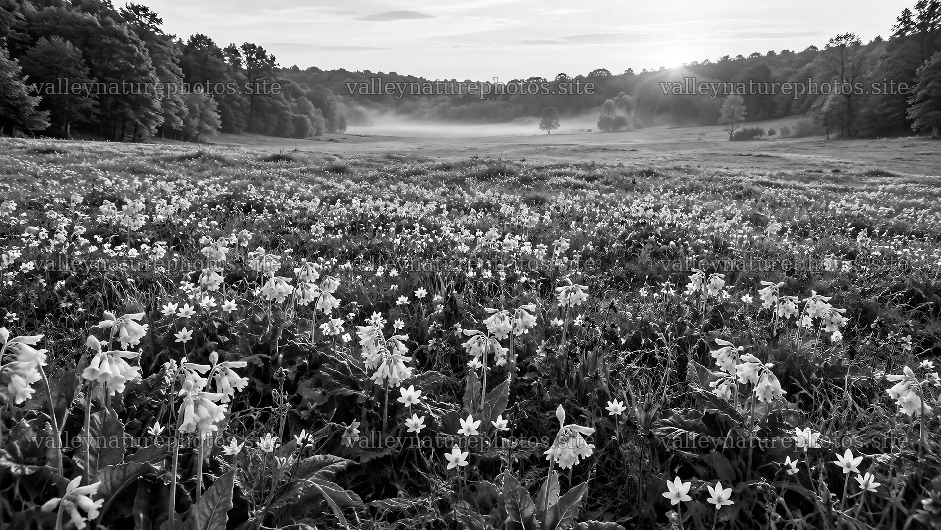 Black and White Wildflower Meadow at Sunrise – nature photography 10324x5812