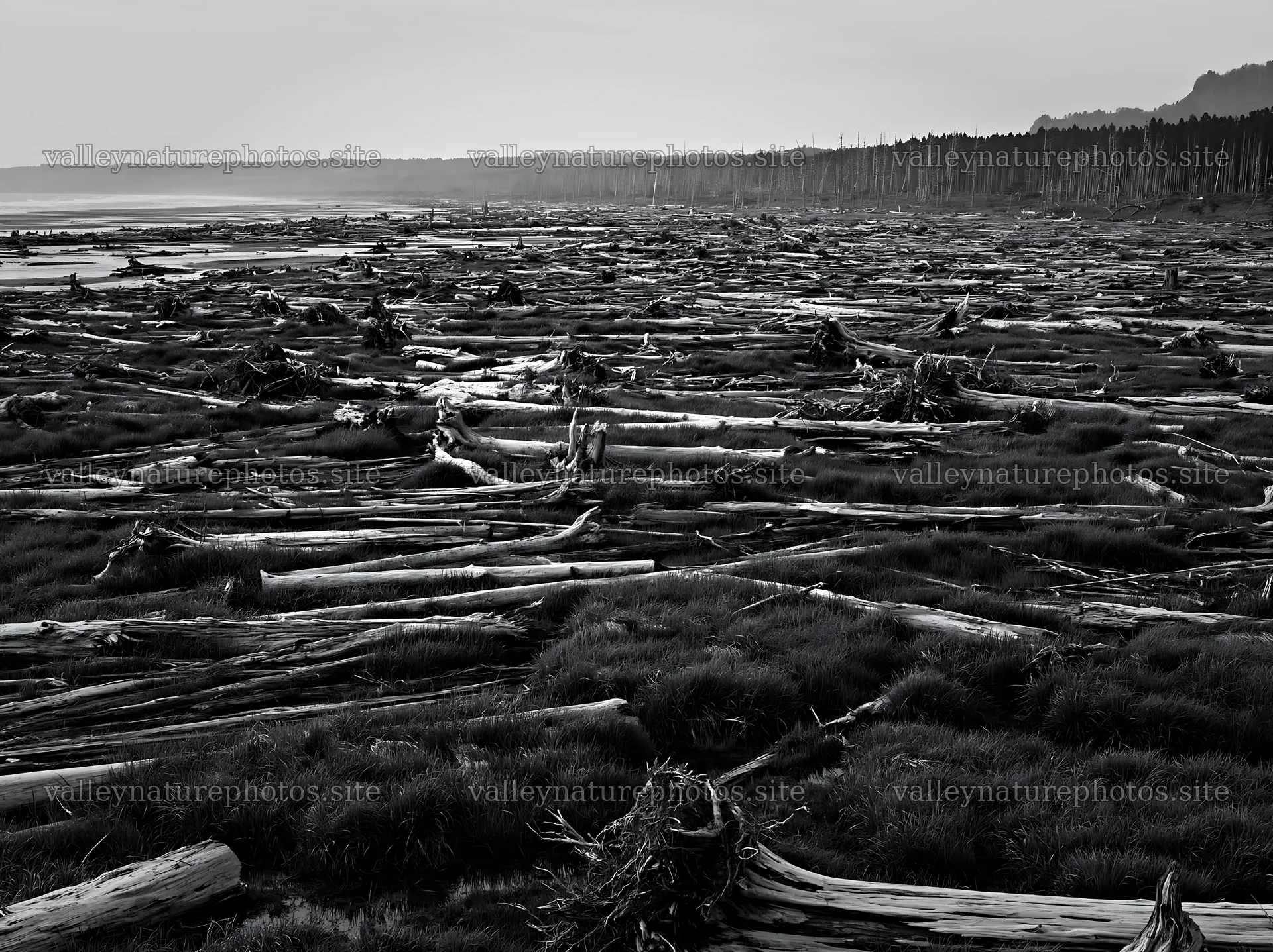 Coastal meadow with driftwood after storm in Ishikawa – nature photography 9174x6866