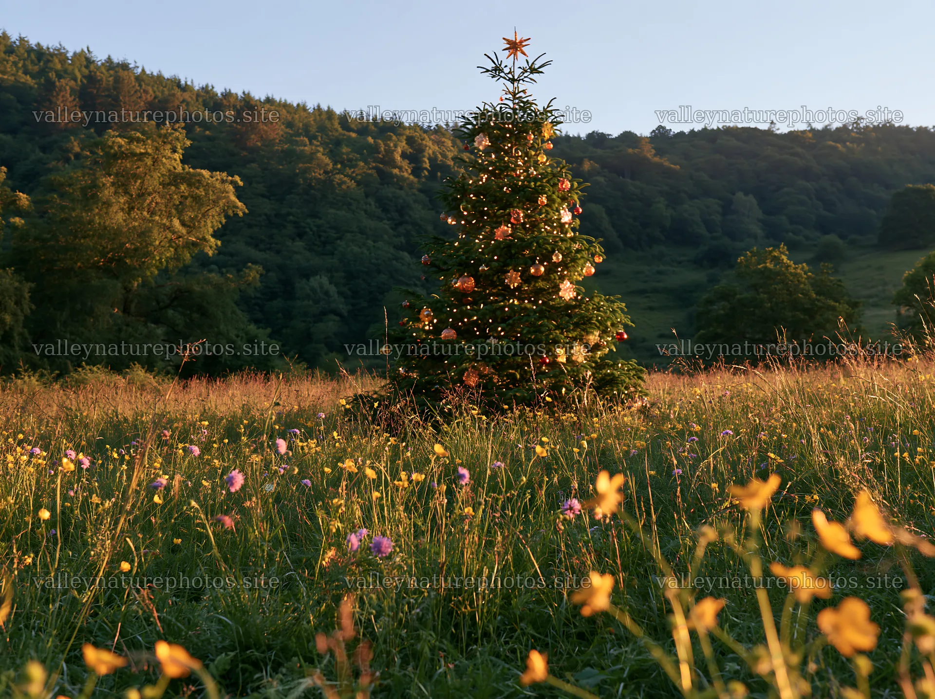 Christmas tree with ornaments in a valley meadow – nature photography 9174x6866