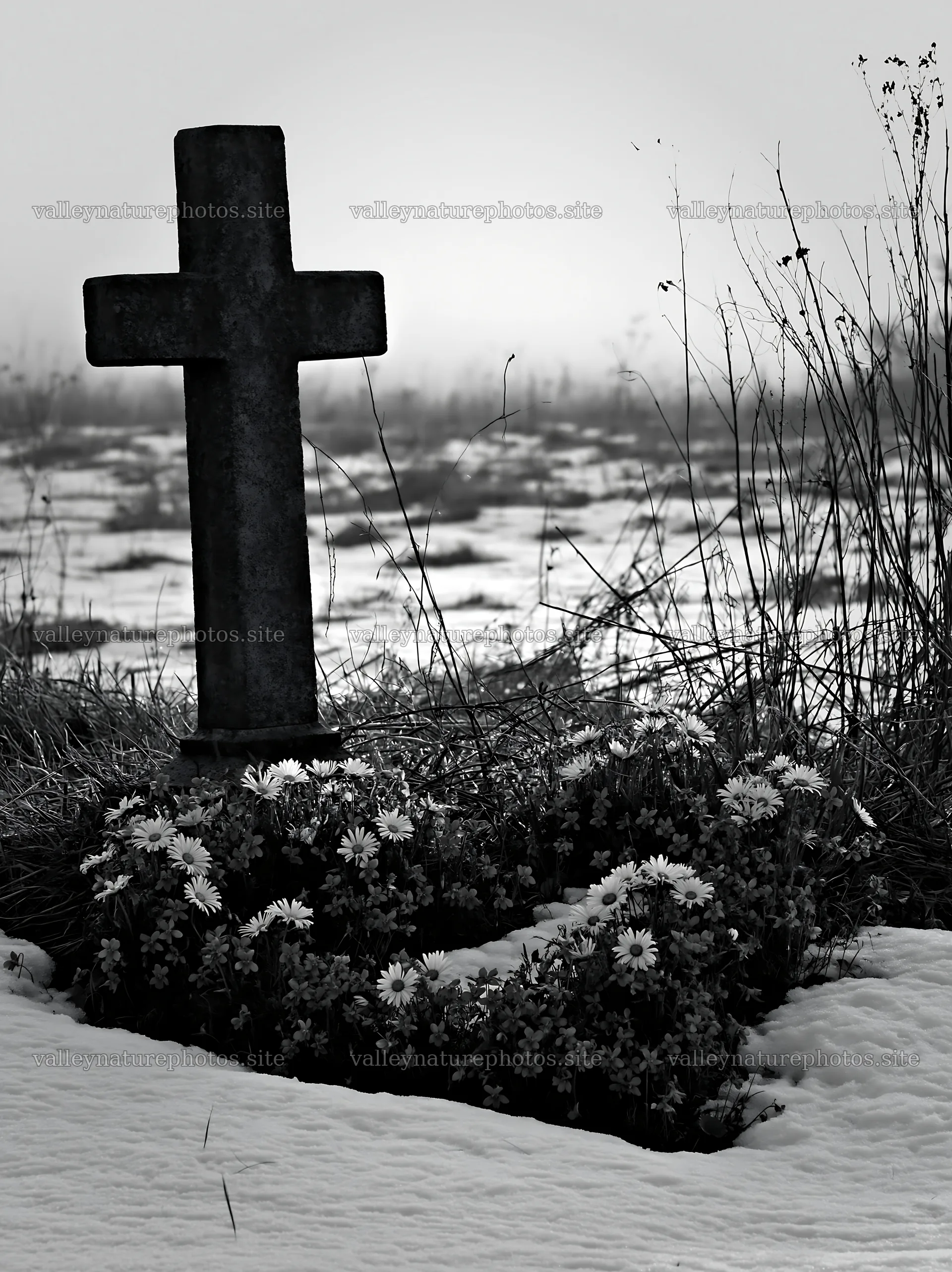Stone Christian cross in snowy meadow with flowers – nature photography 6866x9174