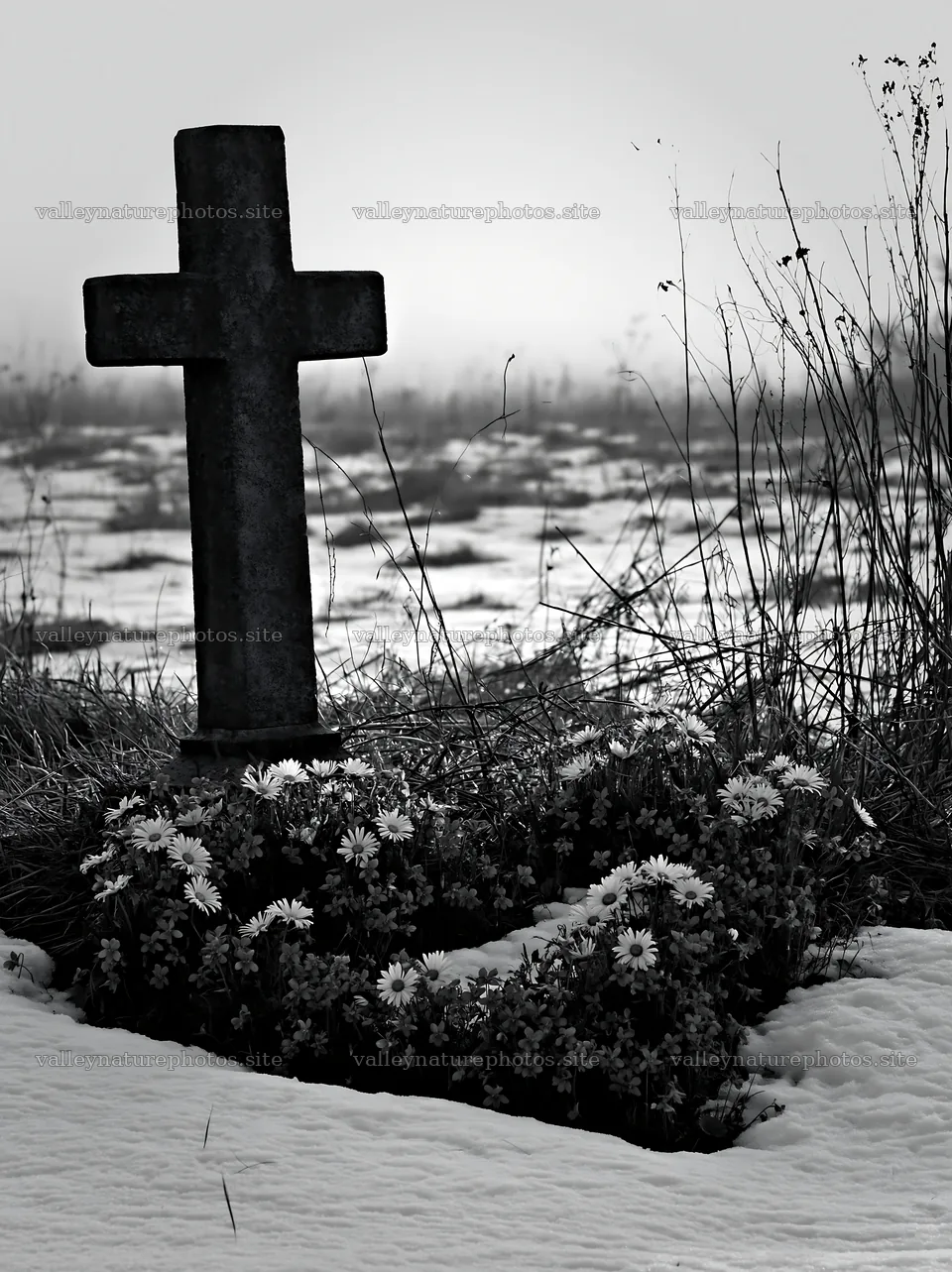 Stone Christian cross in snowy meadow with flowers – nature photography 6866x9174