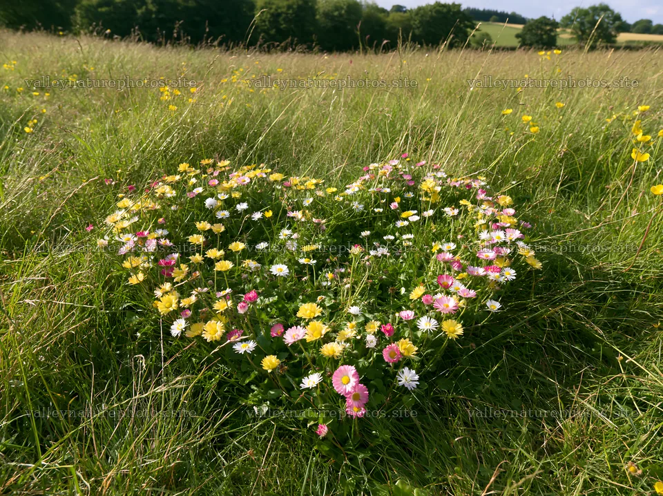 Heart-shaped flower arrangement in a meadow – nature photography 9174x6866