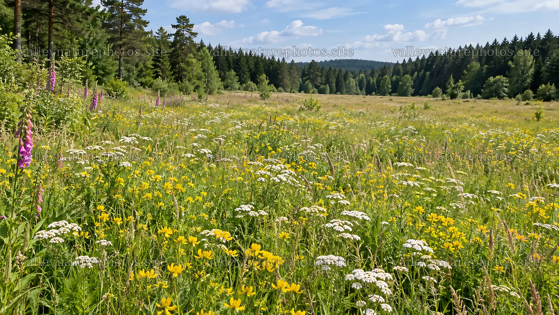 Wildflower Meadow in a Sunlit Woodland Clearing – nature photography 10324x5812
