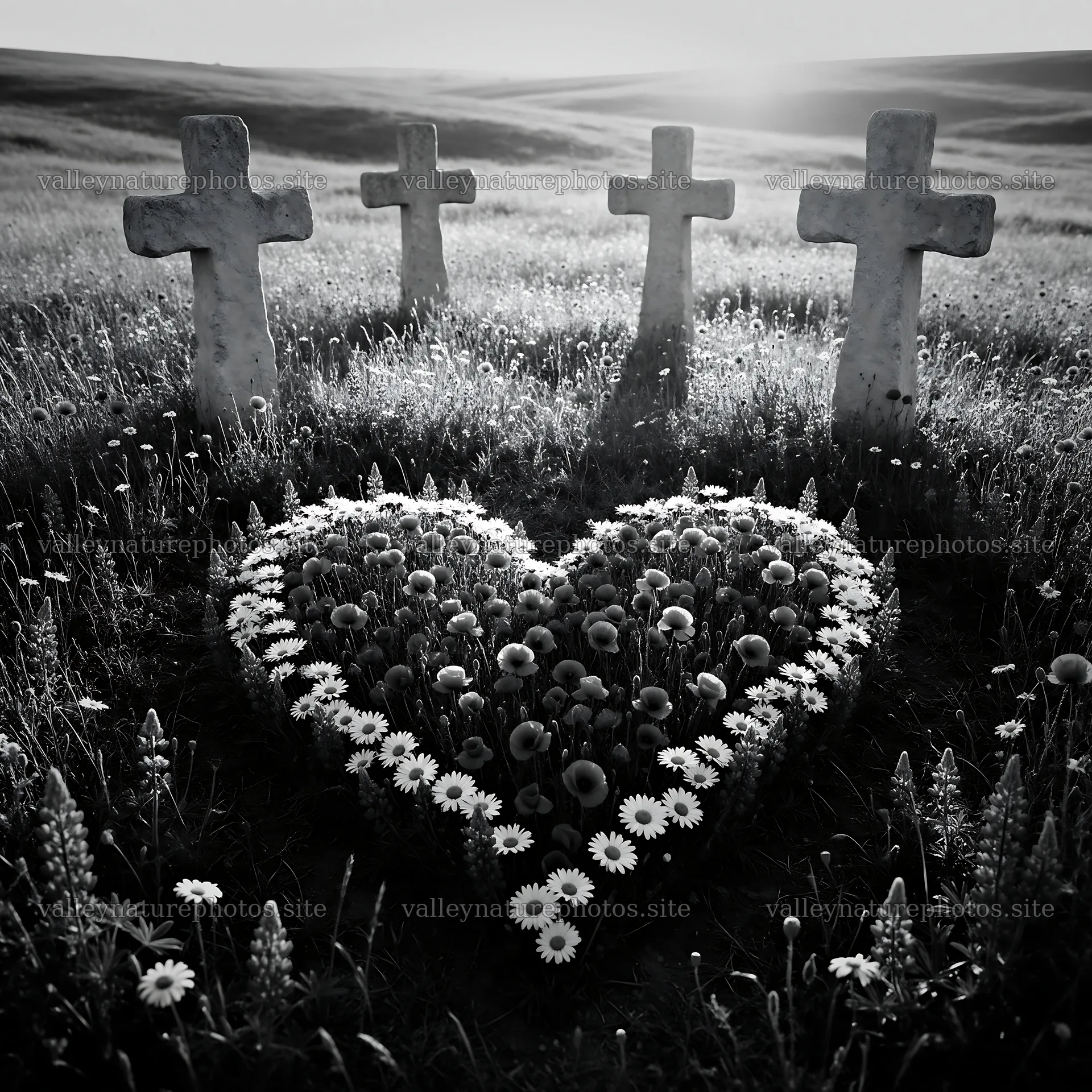 Christian crosses on rolling meadow under sunrise – nature photography 7938x7938
