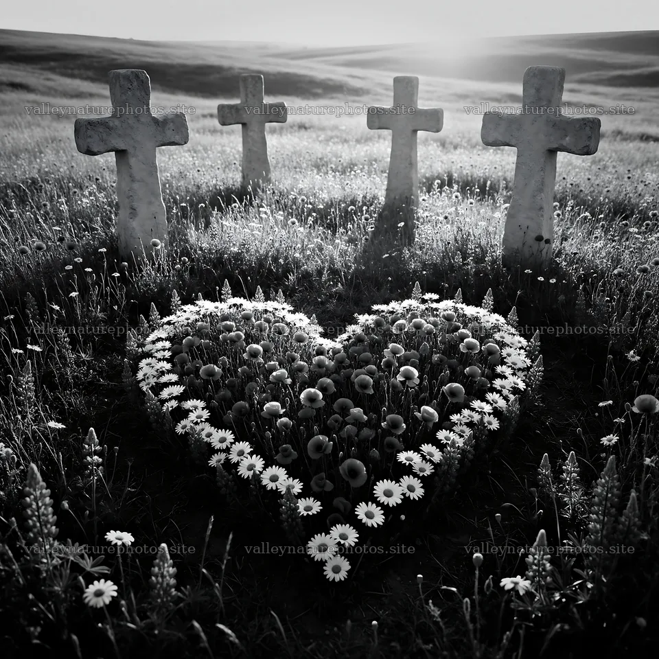 Christian crosses on rolling meadow under sunrise – nature photography 7938x7938
