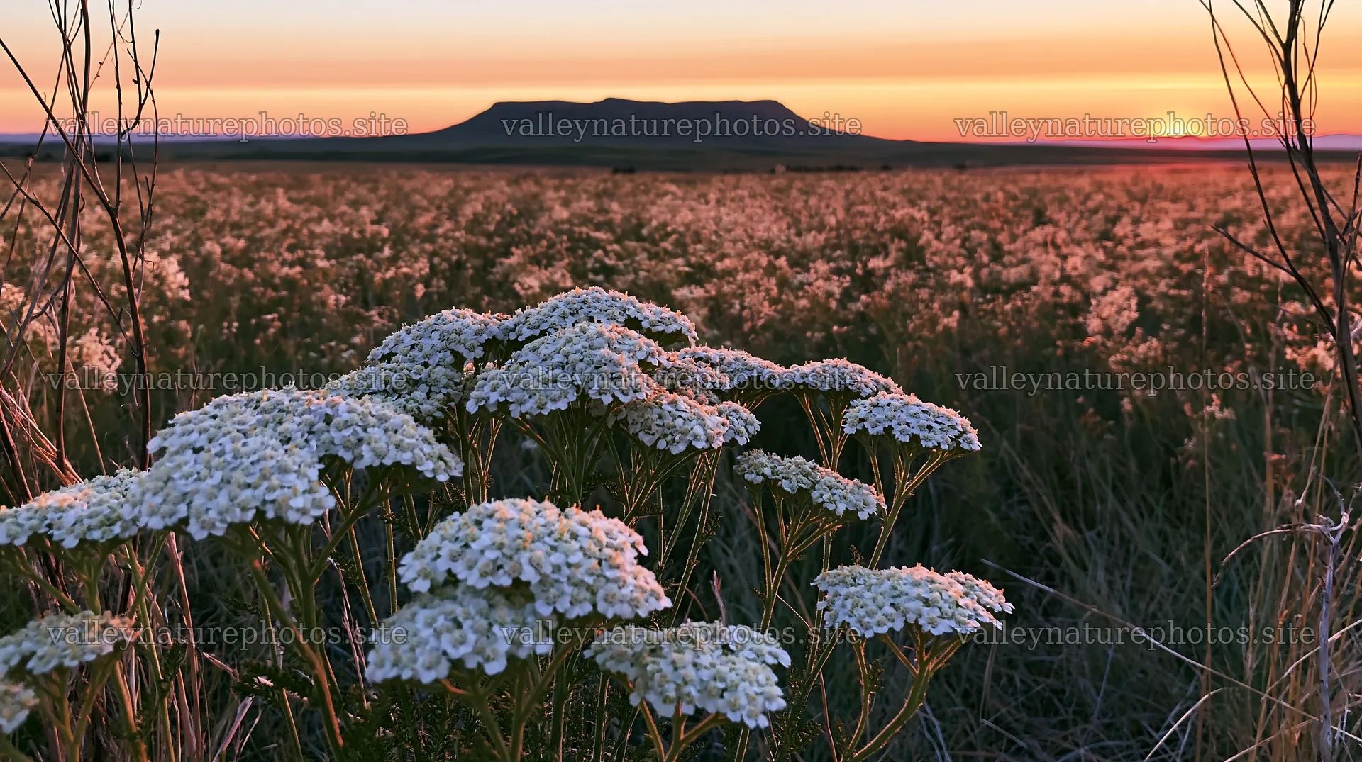 Yarrow meadow bloom under sunset light – nature photography 10608x5938