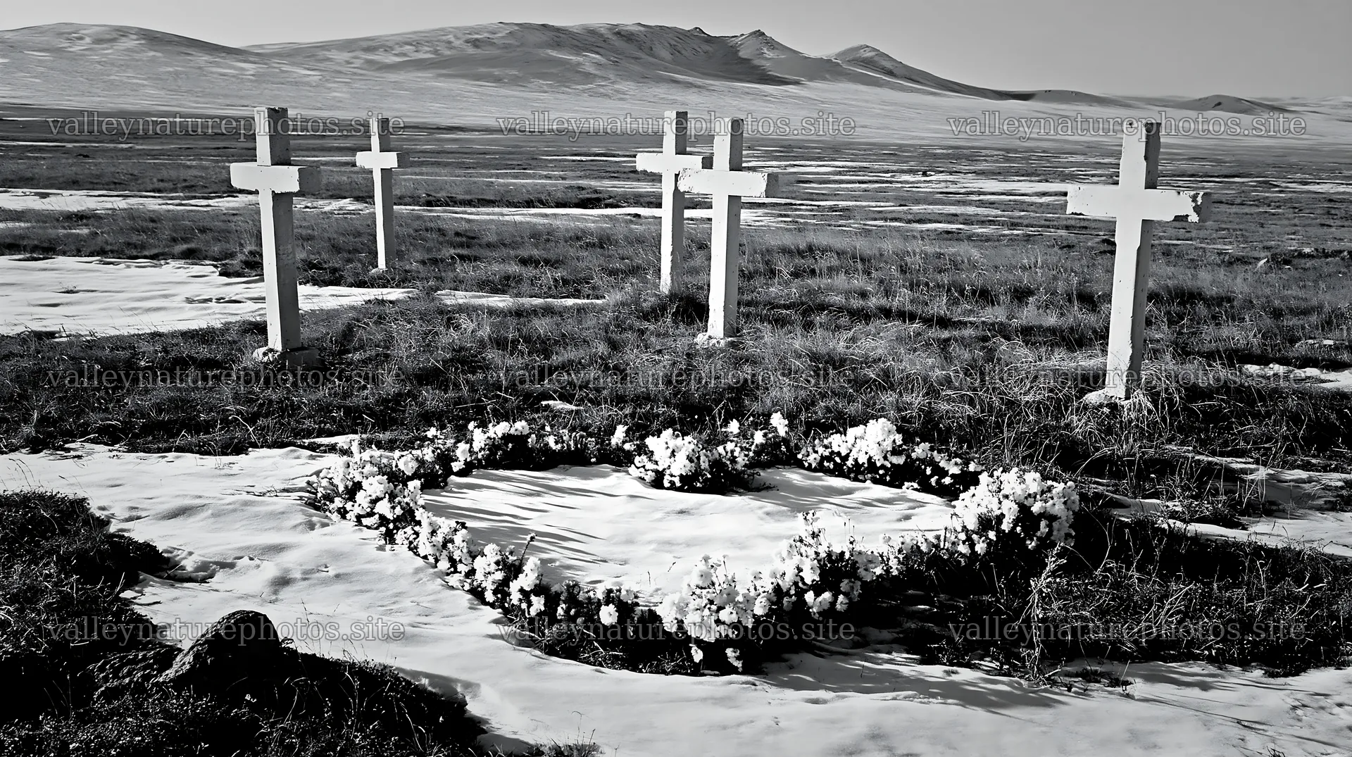 Multiple Christian crosses in snowy meadow – nature photography 10608x5938