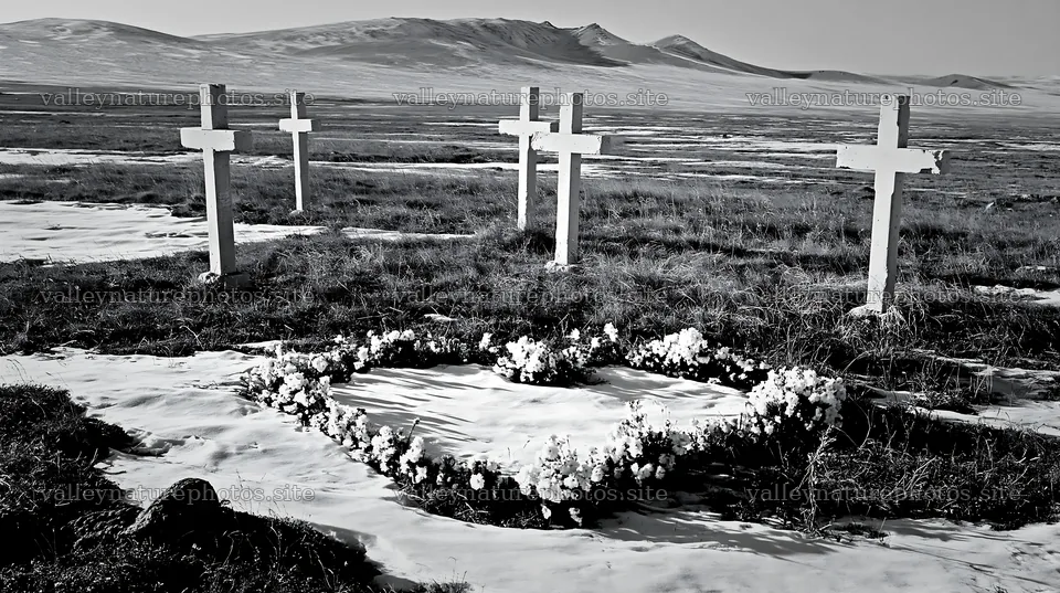 Multiple Christian crosses in snowy meadow – nature photography 10608x5938
