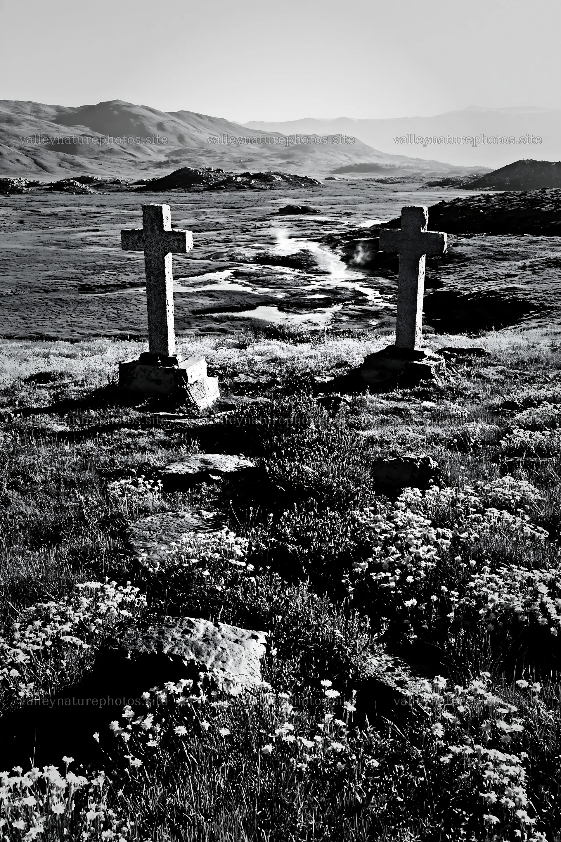 Two Christian crosses near thermal spring meadow – nature photography 6480x9722