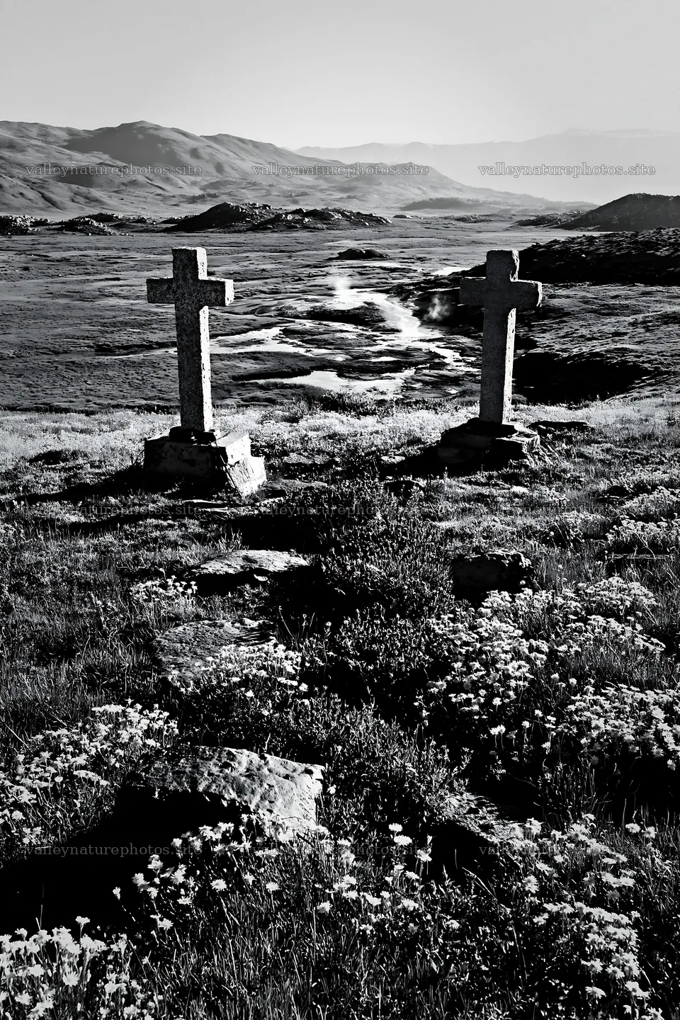 Two Christian crosses near thermal spring meadow – nature photography 6480x9722