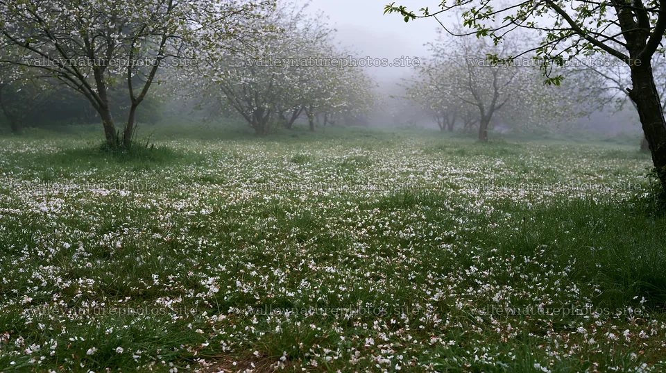 Foggy orchard meadow with blooming flowers and trees – nature photography 10608x5938