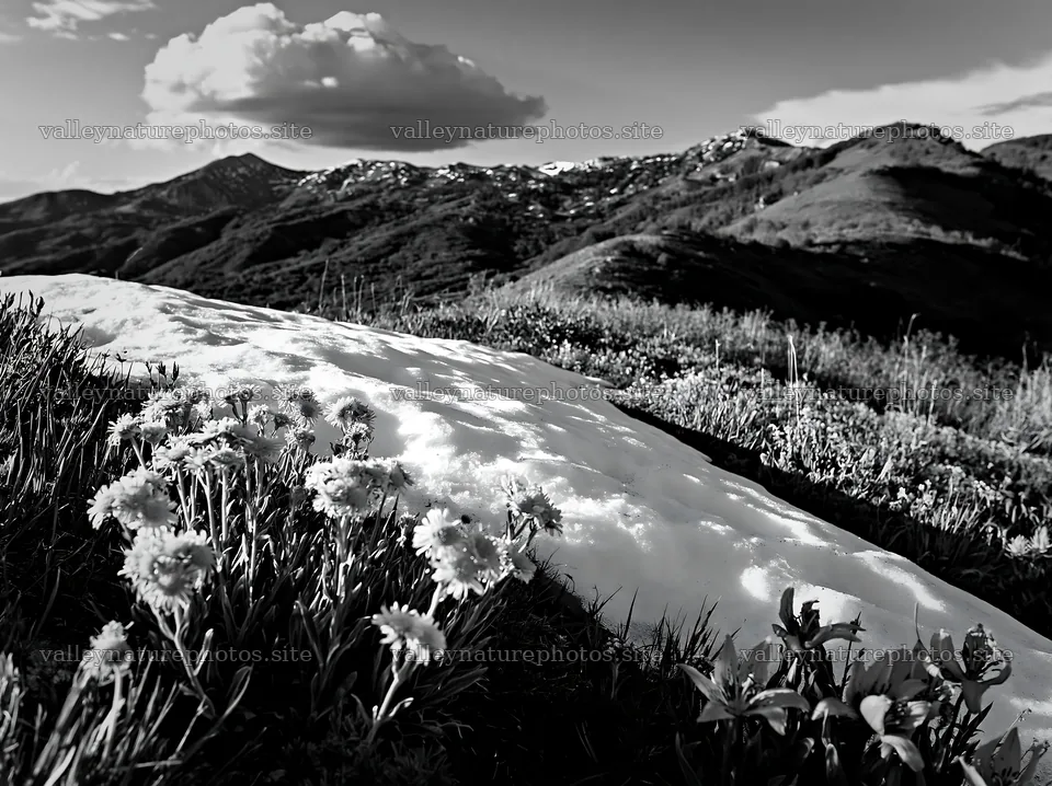 Snowy foothill meadow with flowers and mountains in background – nature photography 9174x6866