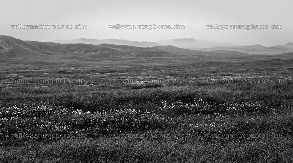 Machair beach meadow with grass and flowers in black and white – nature photography 10608x5938