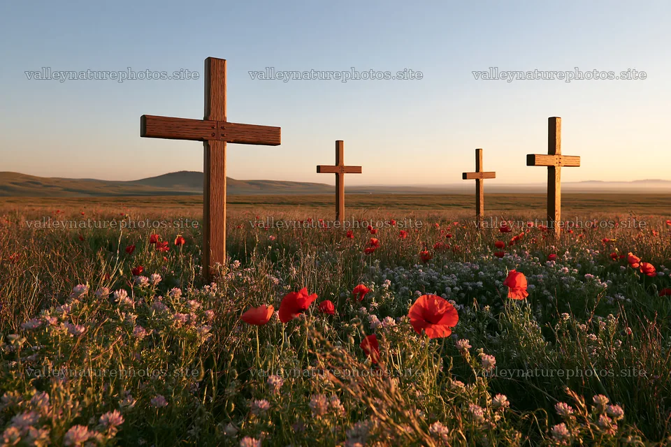 Four wooden crosses in an Advent meadow at sunset – nature photography 9722x6480