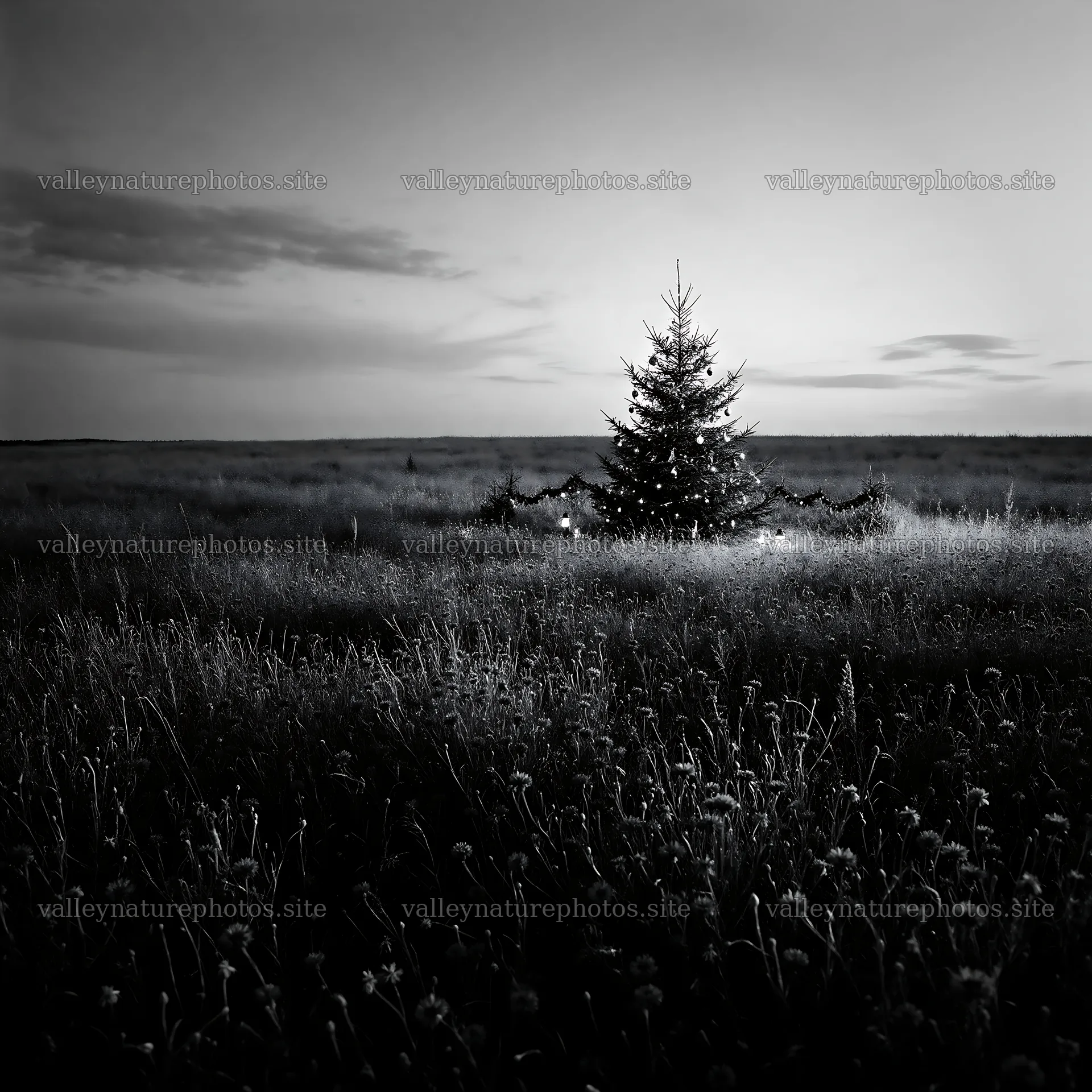 Vibrant Christmas tree at dusk in a meadow – nature photography 7938x7938