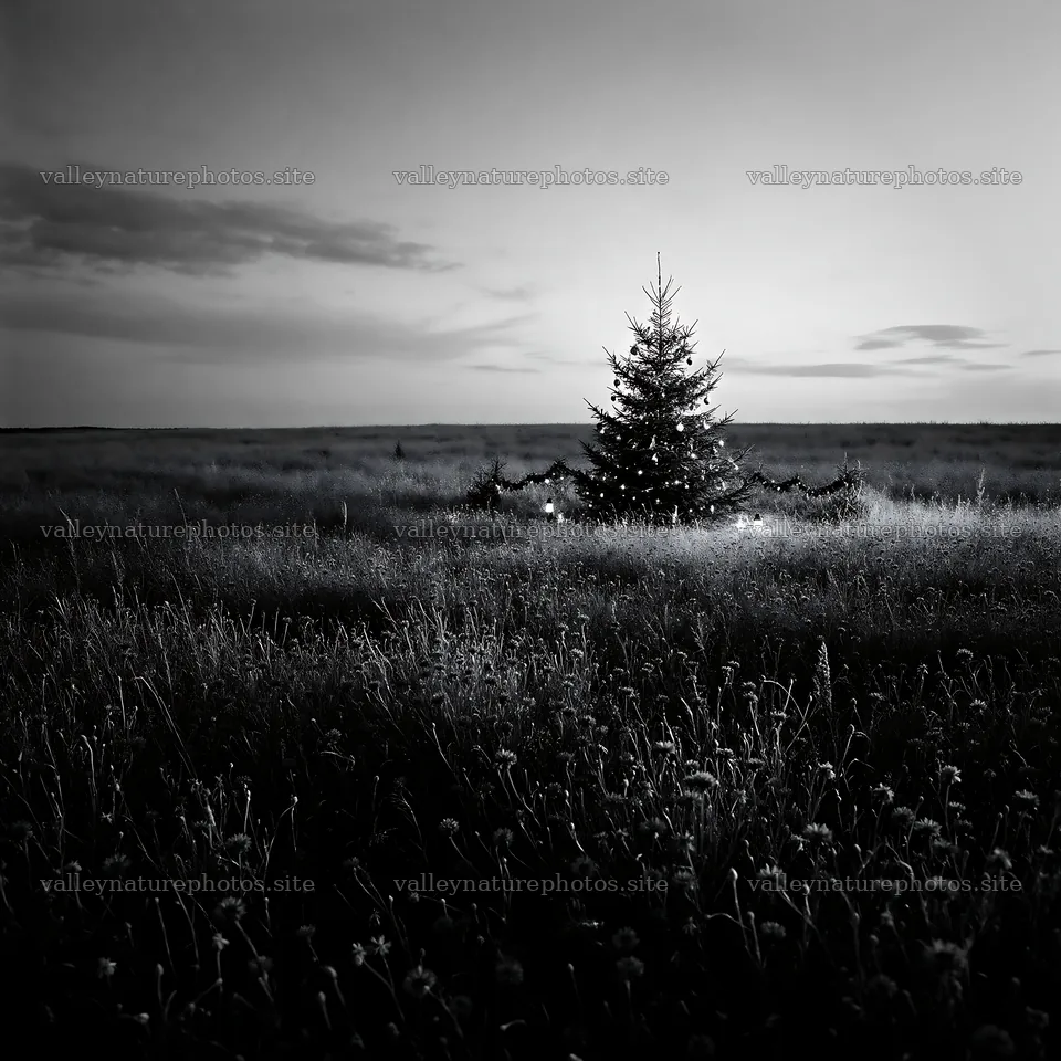 Vibrant Christmas tree at dusk in a meadow – nature photography 7938x7938