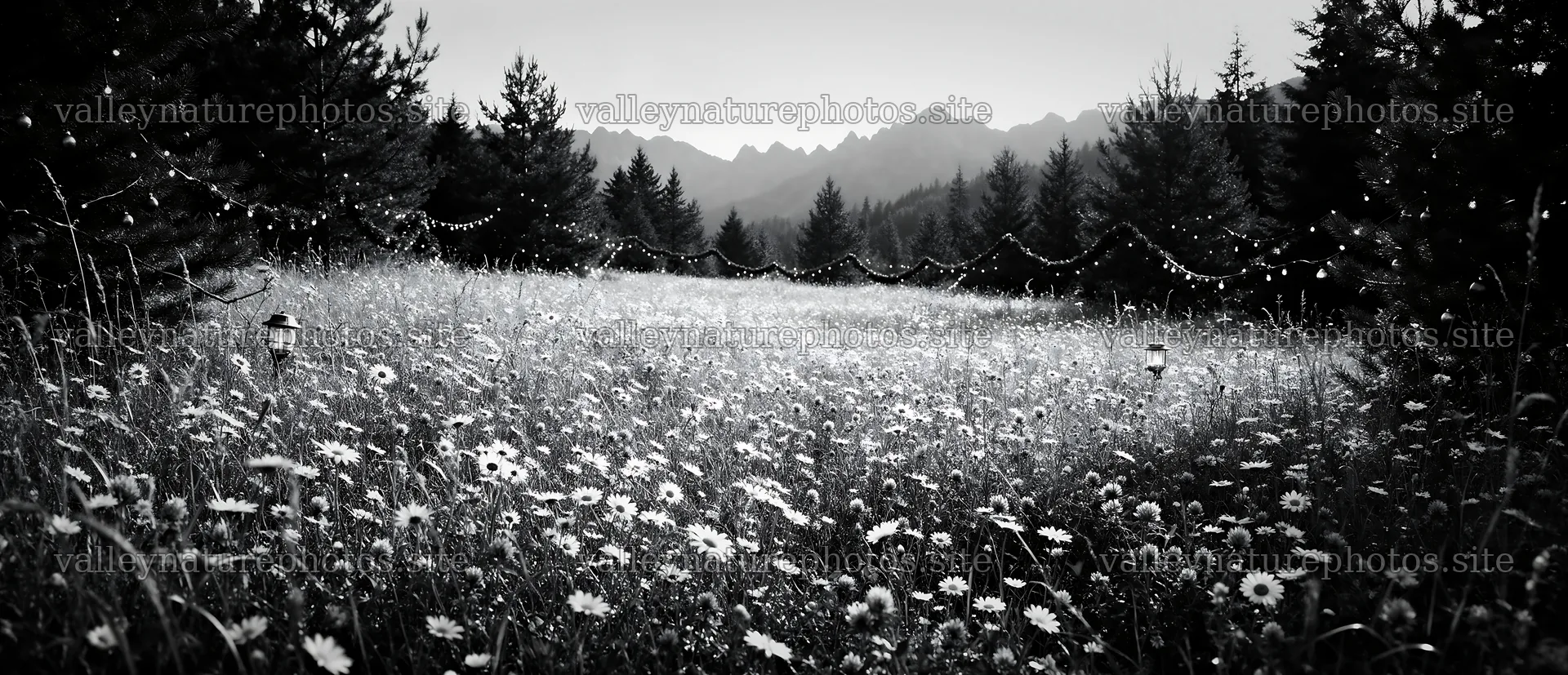 Christmas string lights in mountain valley meadow – nature photography 12094x5210