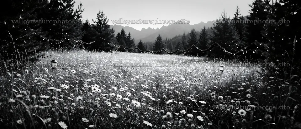 Christmas string lights in mountain valley meadow – nature photography 12094x5210