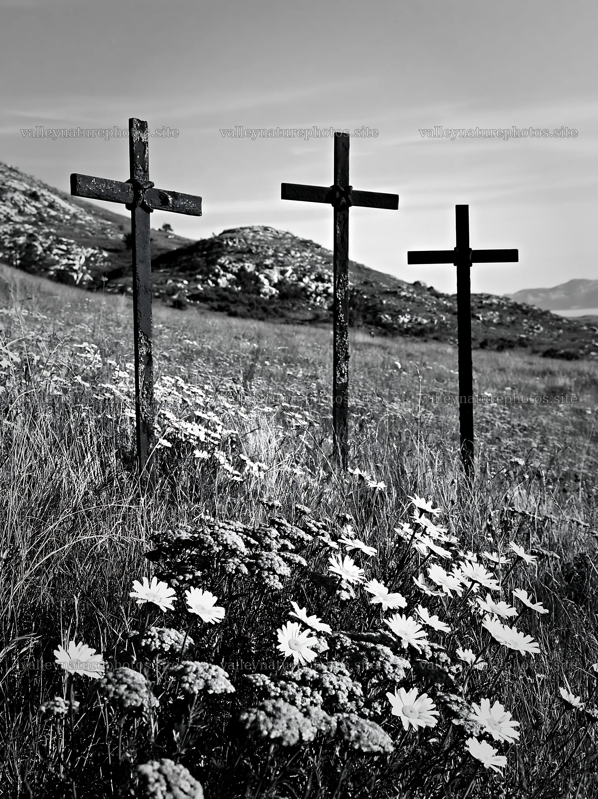Three iron crosses in Advent meadow with wildflowers – nature photography 6866x9174