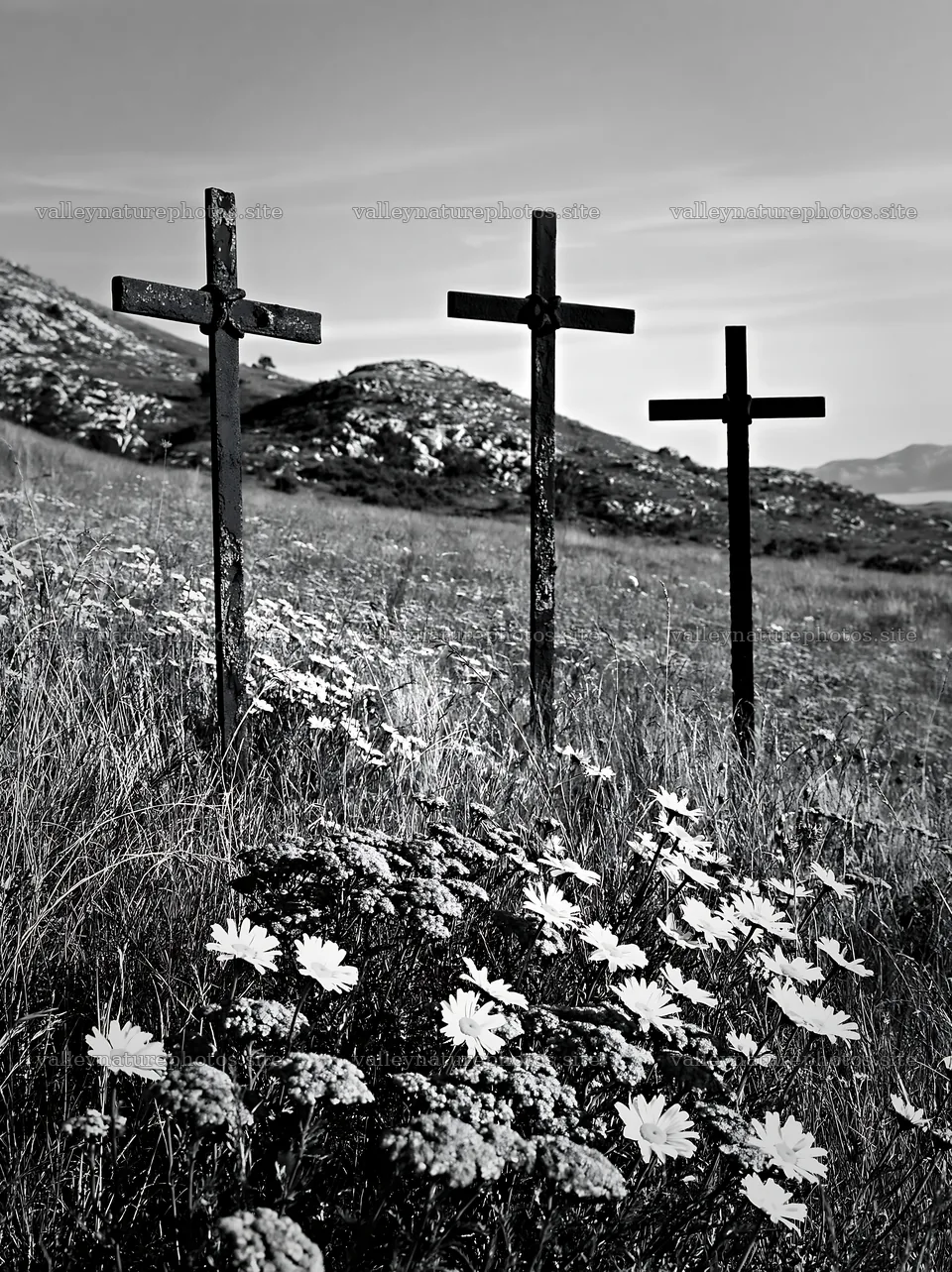 Three iron crosses in Advent meadow with wildflowers – nature photography 6866x9174