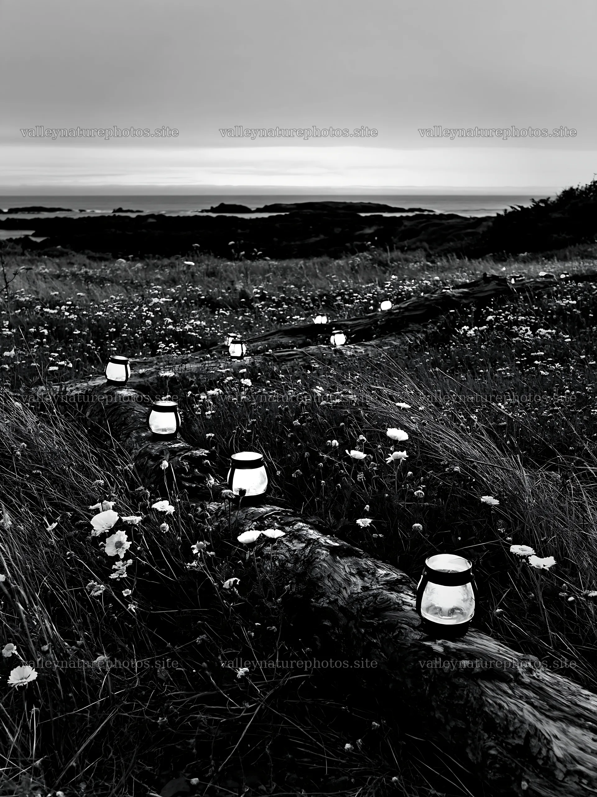 Expansive Christmas meadow with lights and driftwood at dusk – nature photography 6866x9174