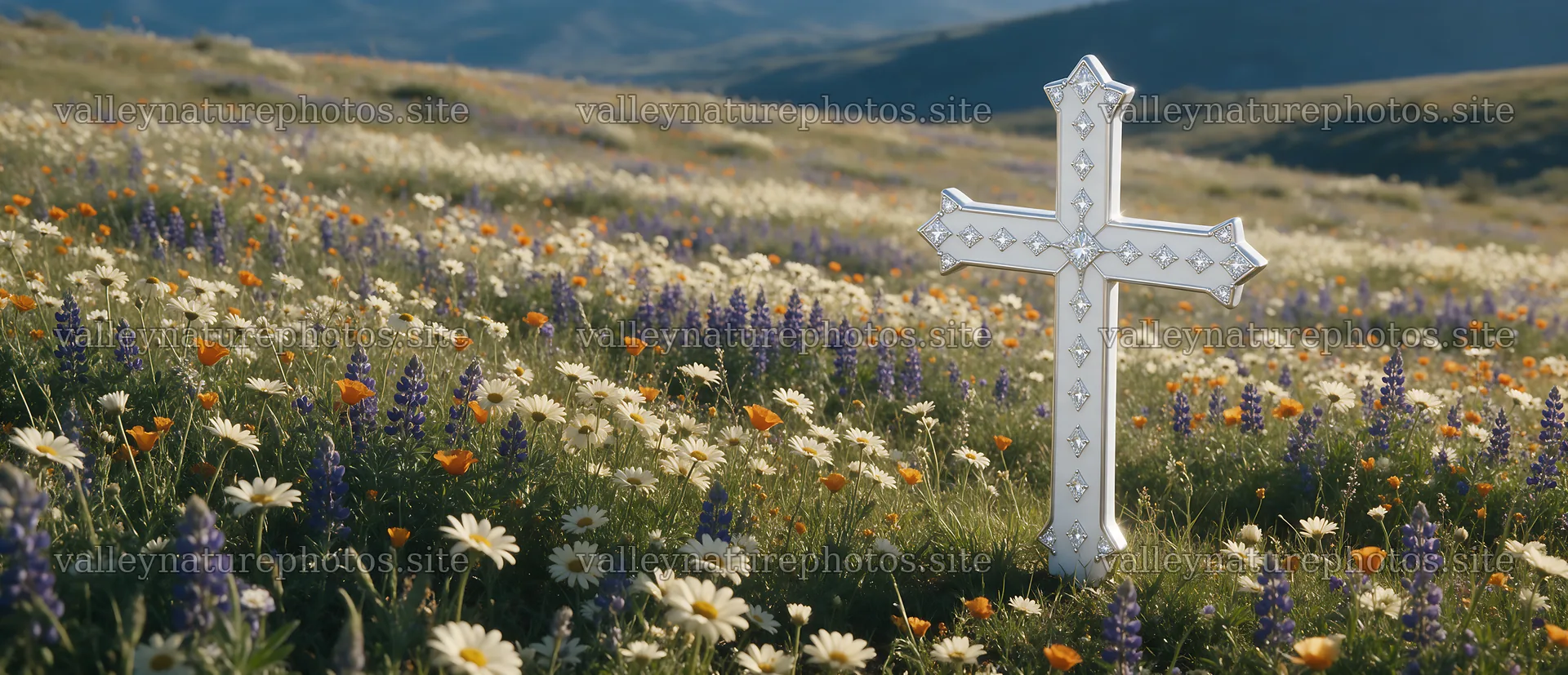 White Christian cross in wildflower meadow landscape – nature photography 12094x5210