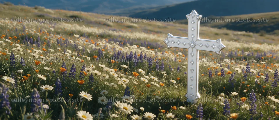 White Christian cross in wildflower meadow landscape – nature photography 12094x5210
