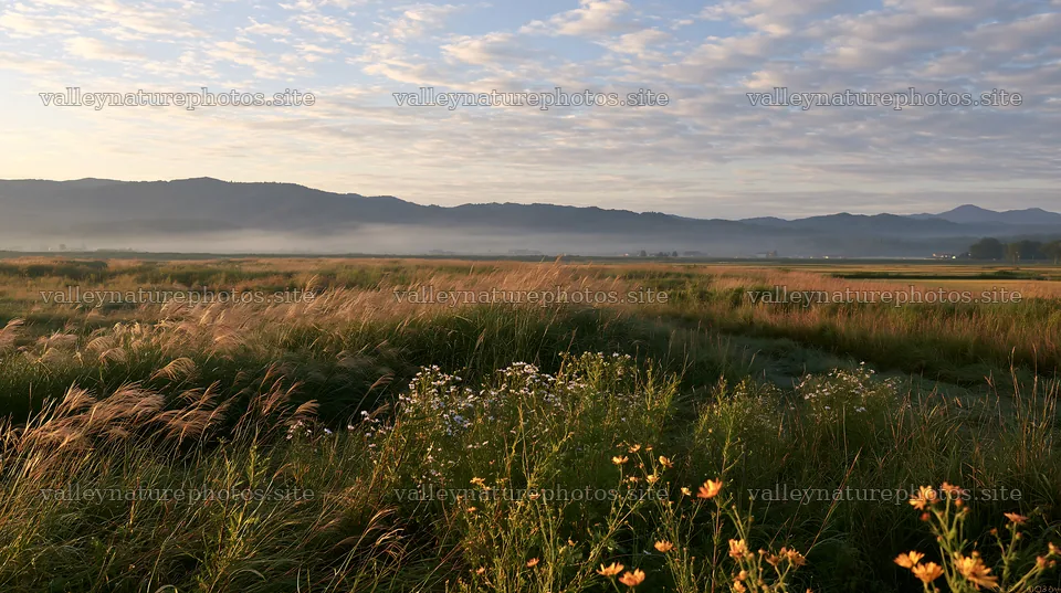 Niigata floodplain restoration meadow dew foreground – nature photography 10608x5938