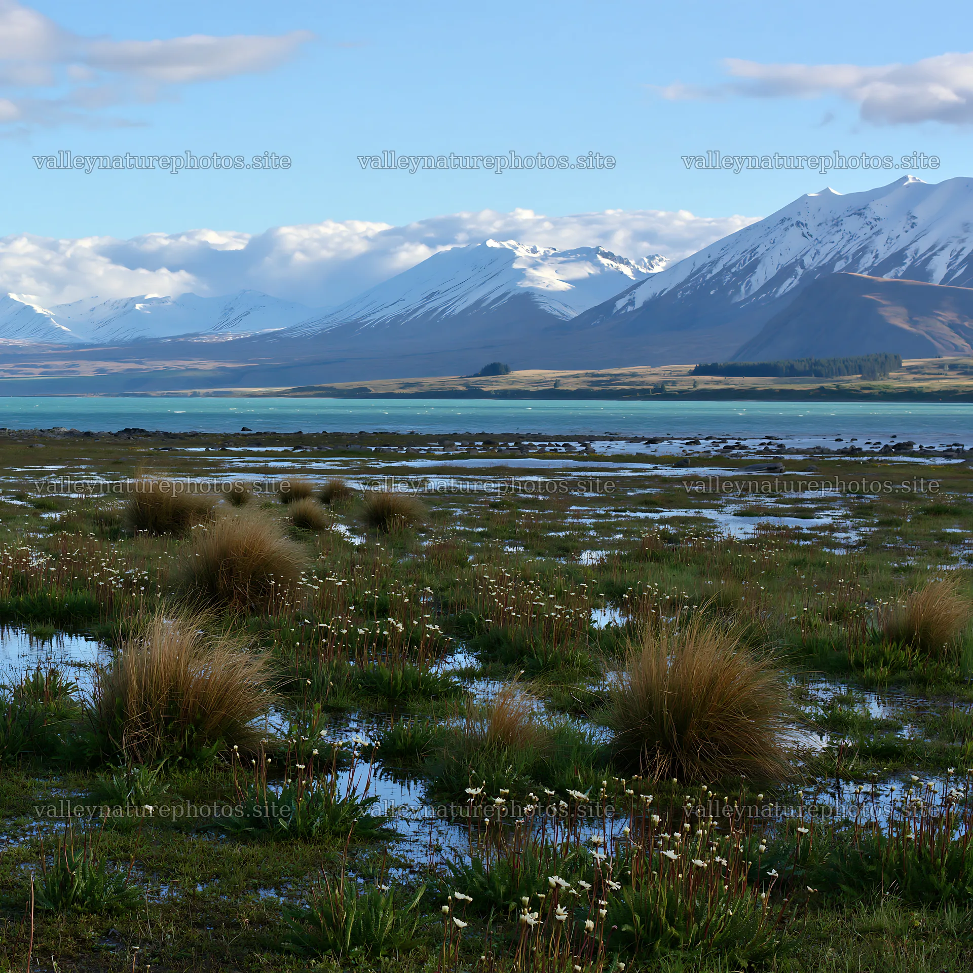 Snowy Alps and Lake Tekapo meadow with reflections on water – nature photography 7938x7938