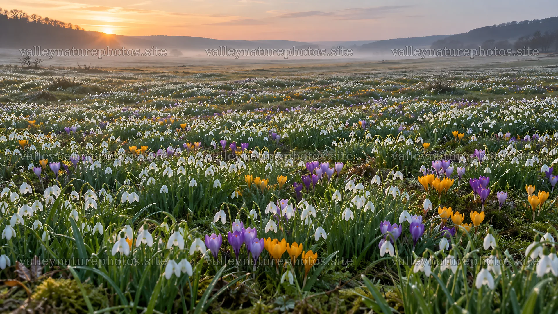 Spring Bulbs Across a Misty Meadow at Sunrise – nature photography 10324x5812