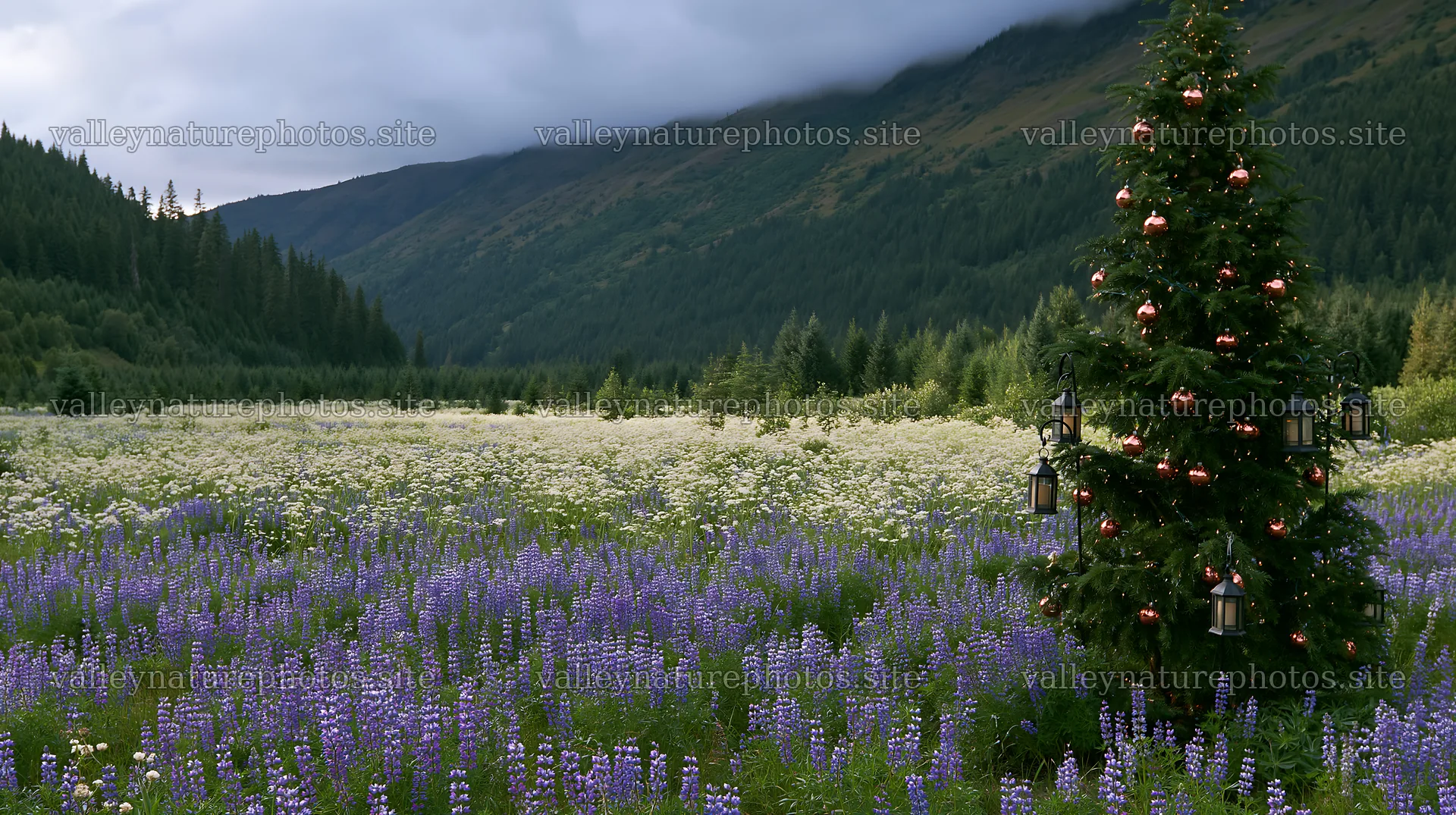 Christmas tree in meadow with flowers and mountains in background – nature photography 10608x5938