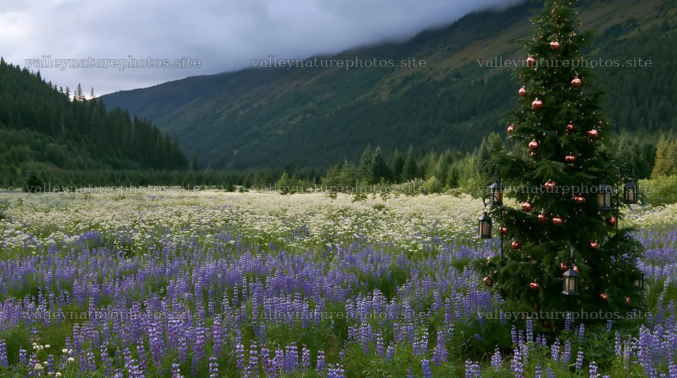 Christmas tree in meadow with flowers and mountains in background – nature photography 10608x5938