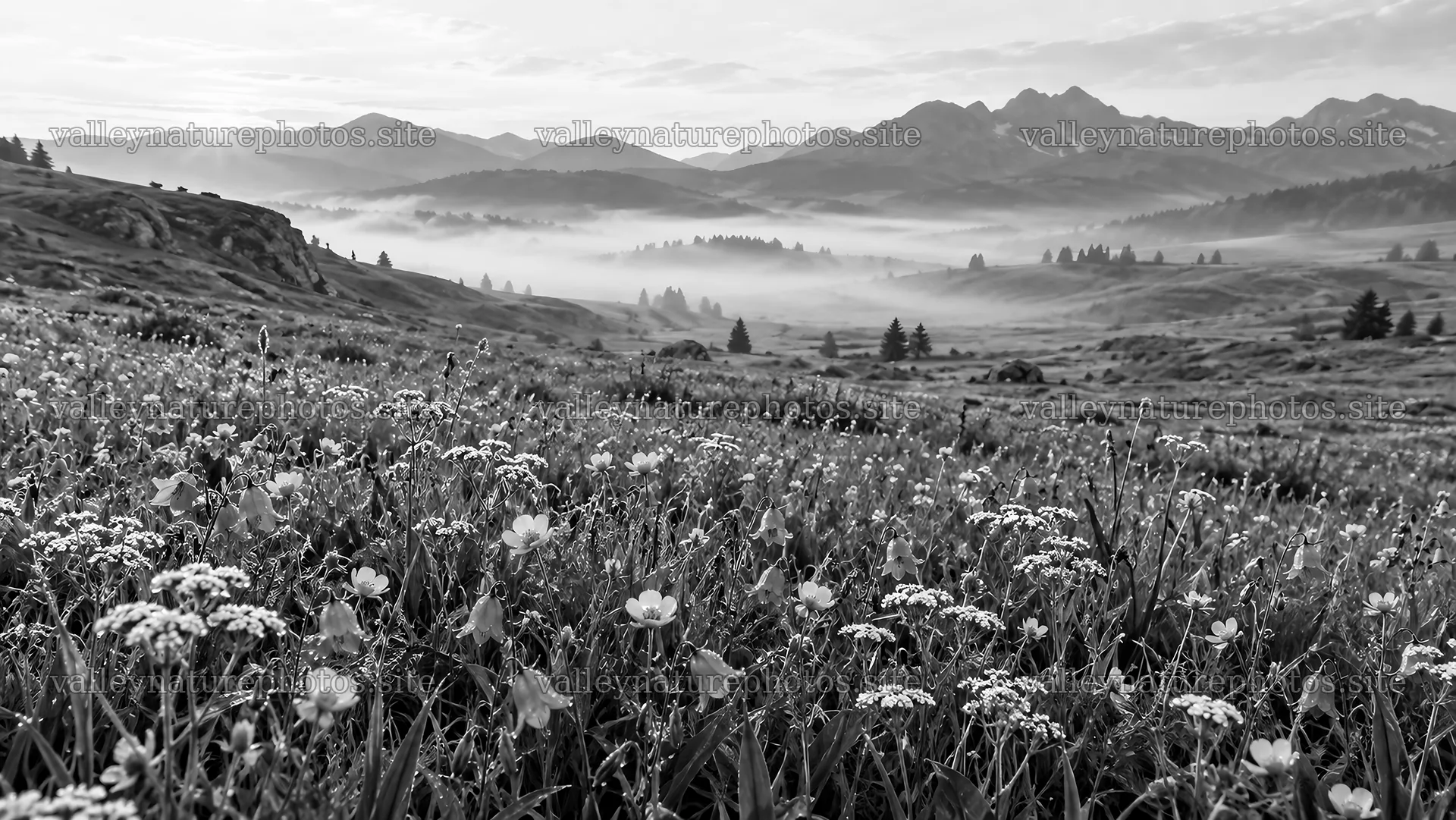 Black and White Wildflower Meadow in Morning Mist – nature photography 10324x5812