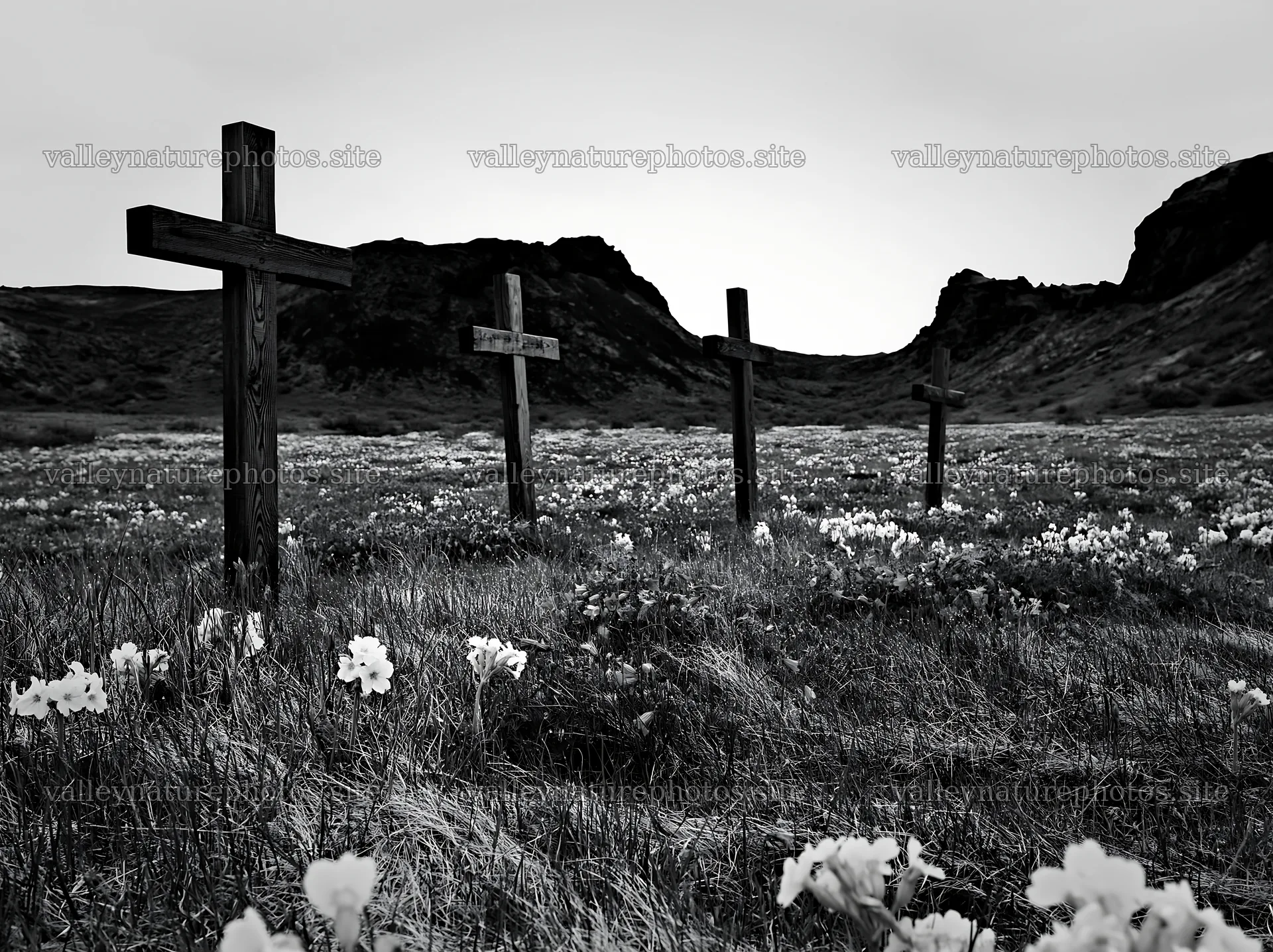 Four wooden crosses in a meadow during Christmas season – nature photography 9174x6866