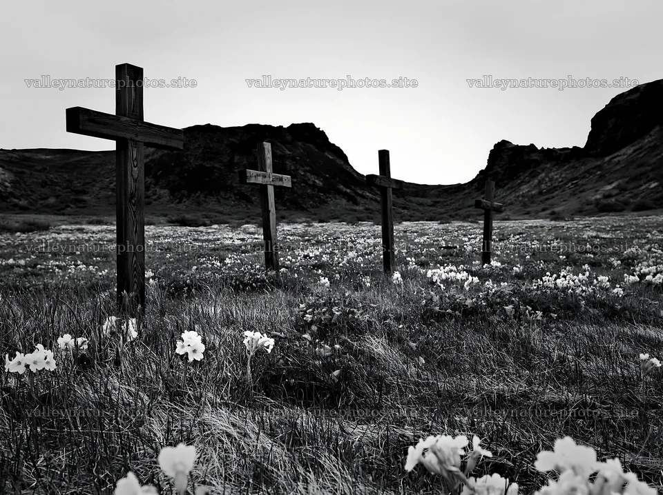 Four wooden crosses in a meadow during Christmas season – nature photography 9174x6866