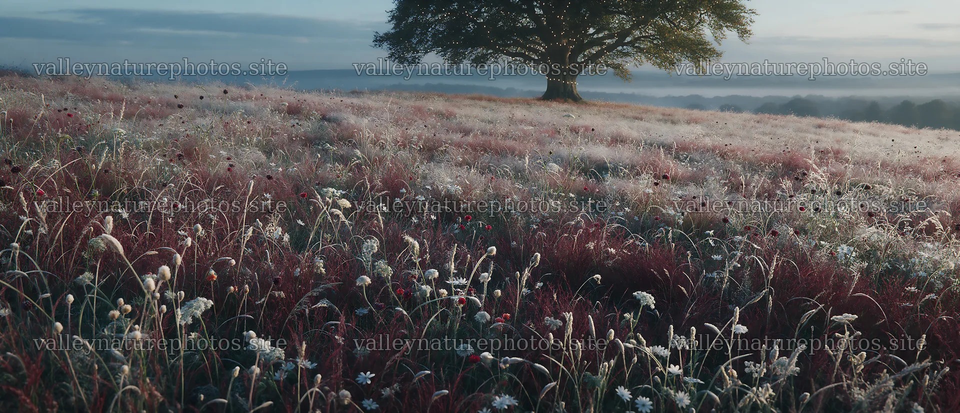 Vibrant Christmas lights in winter meadow at dawn – nature photography 12094x5210