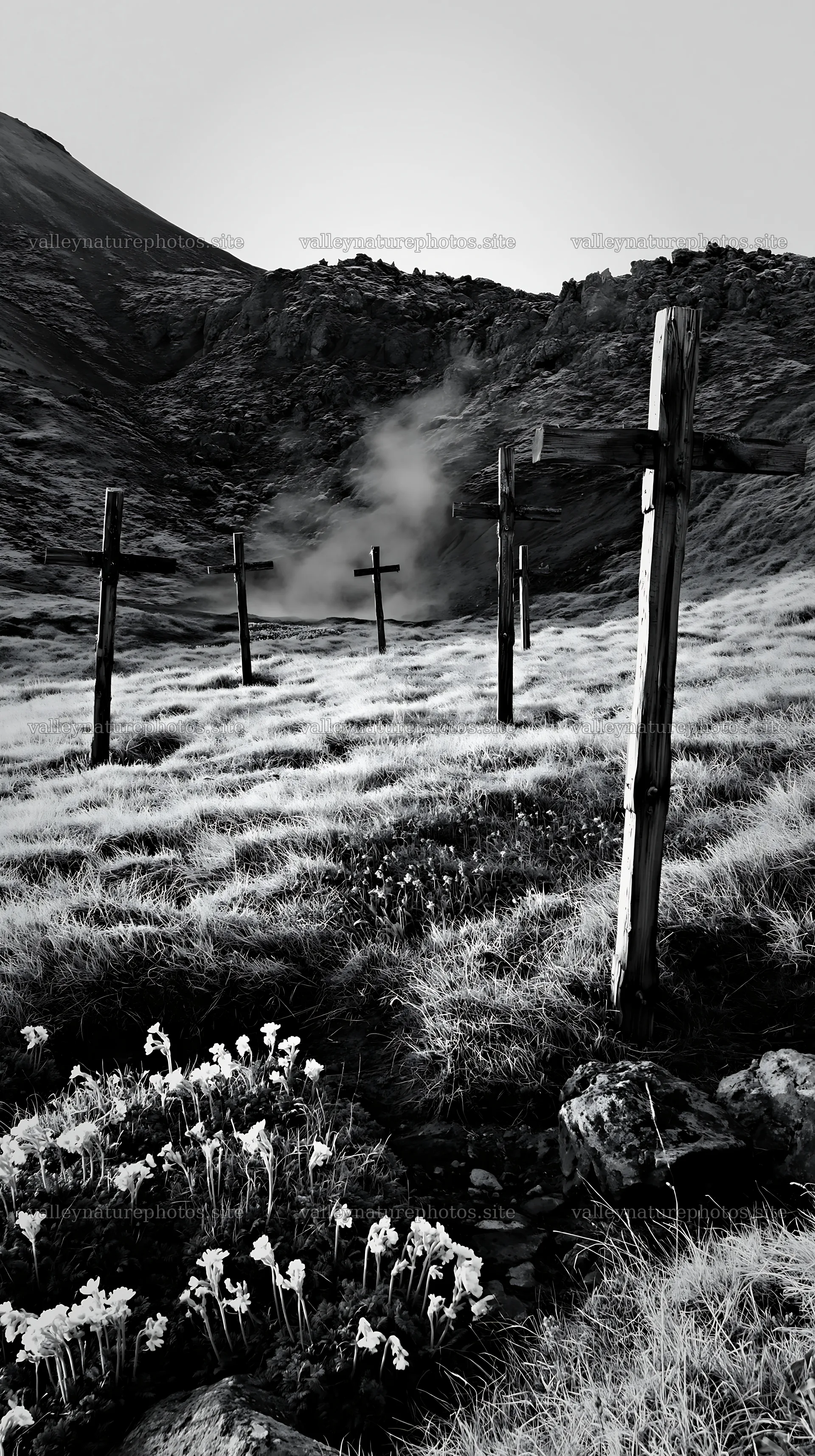 Christian crosses in geothermal spring meadow – nature photography 5938x10608