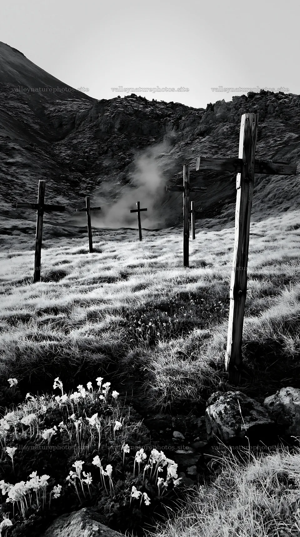 Christian crosses in geothermal spring meadow – nature photography 5938x10608