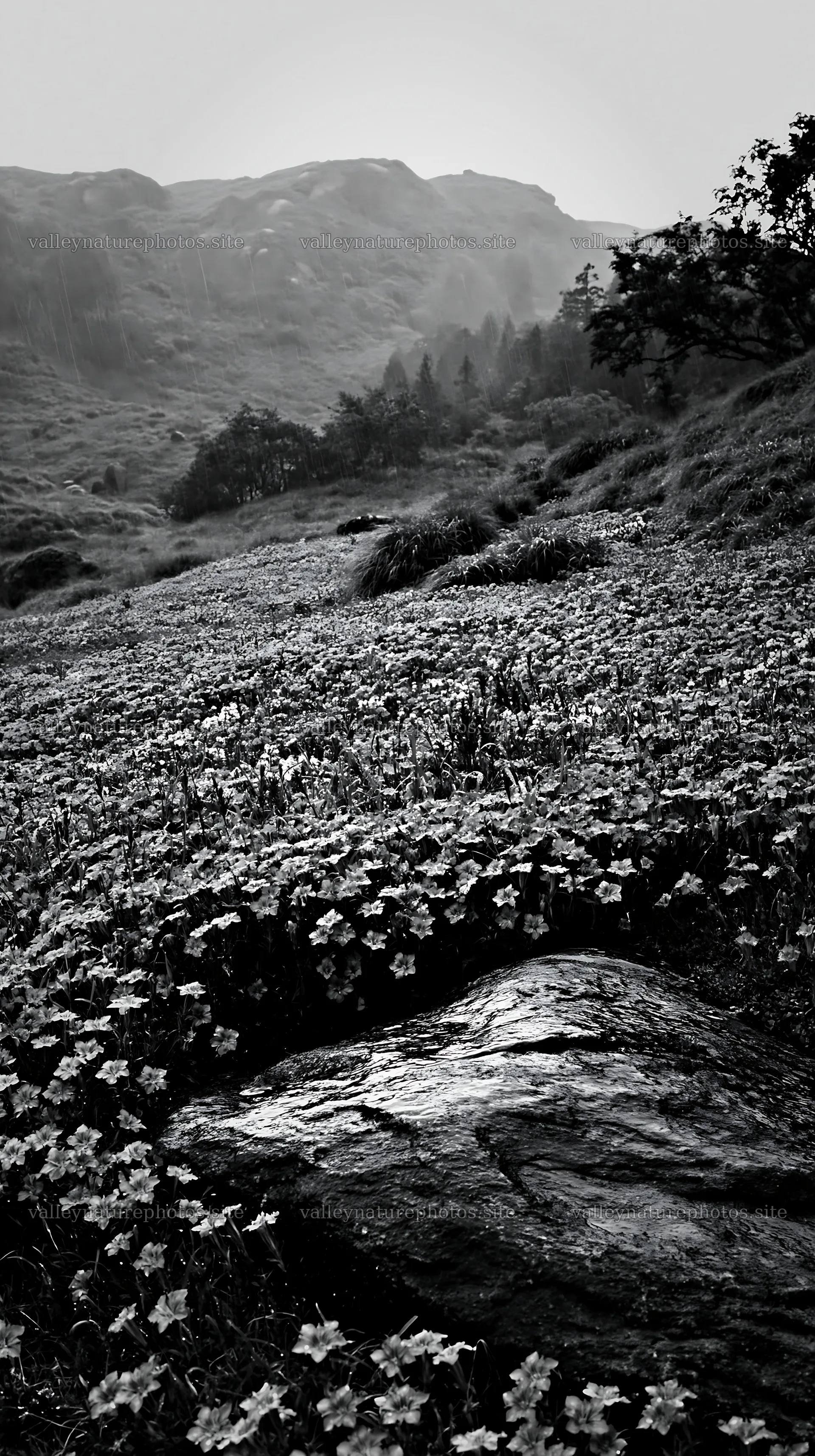 Hiroshima meadow with smooth rock under rainy sky – nature photography 5938x10608