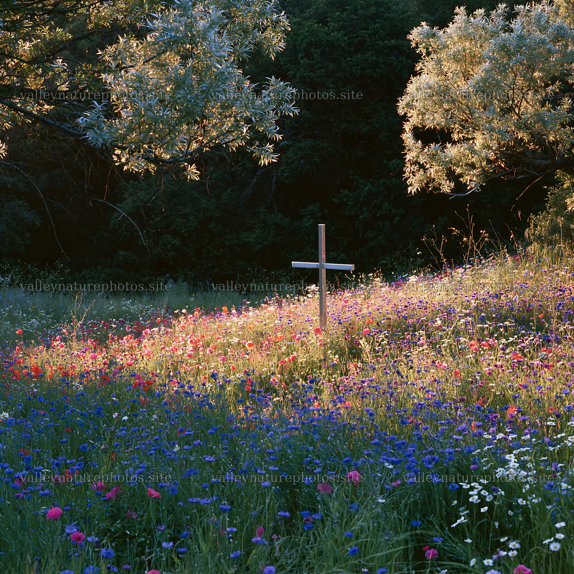 Christian cross surrounded by wildflowers in a meadow – nature photography 7938x7938