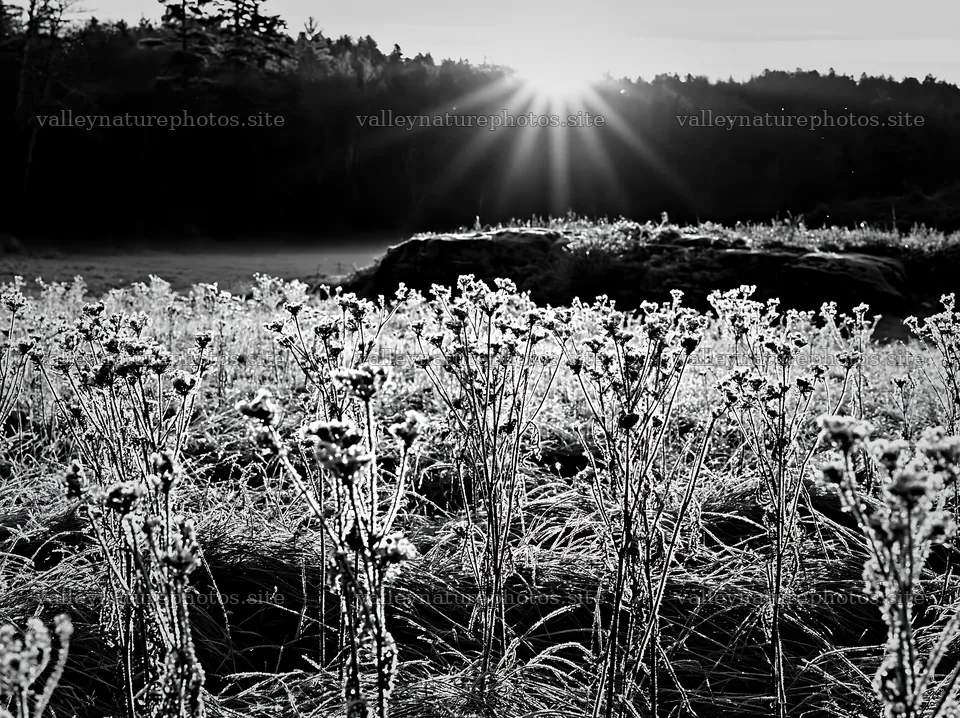 Frosty meadow sunrise with sunlight over grass and plants – nature photography 9174x6866