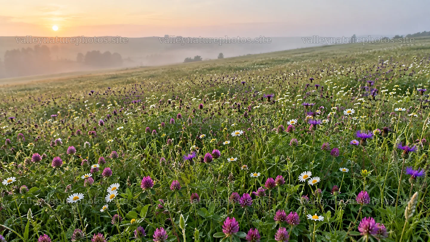 Wildflower Meadow in Morning Mist at Sunrise – nature photography 10324x5812
