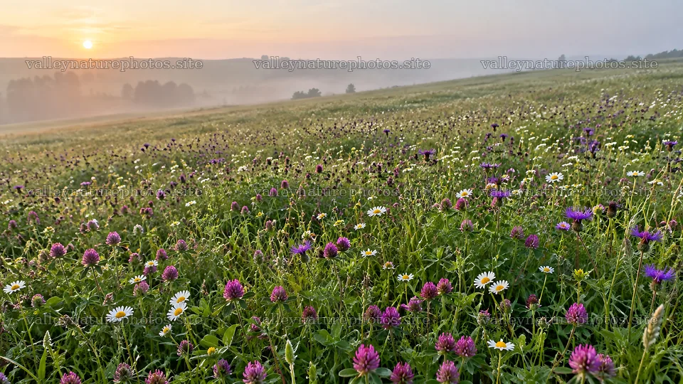 Wildflower Meadow in Morning Mist at Sunrise – nature photography 10324x5812