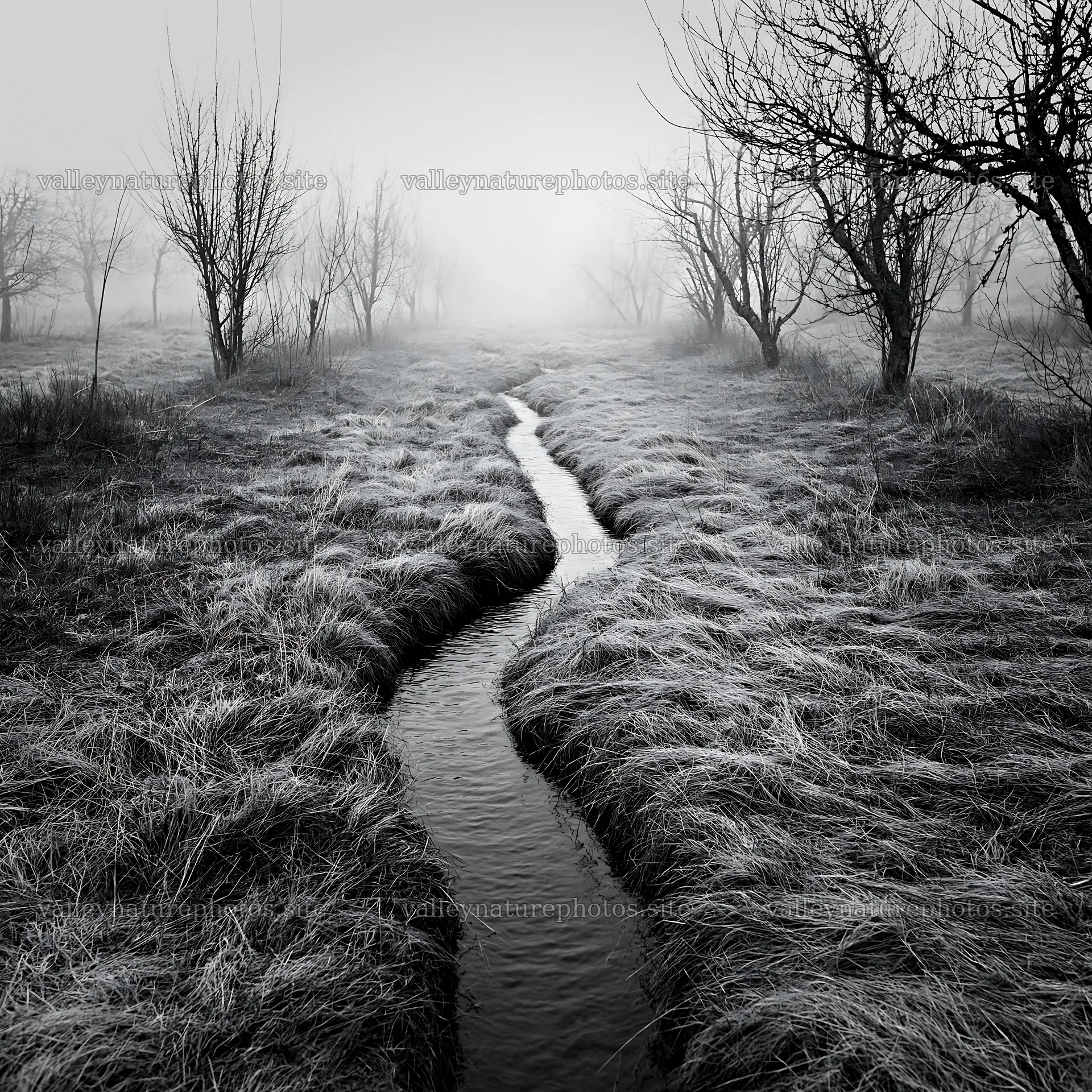 Foggy orchard meadow with a winding stream in black and white – nature photography 7938x7938